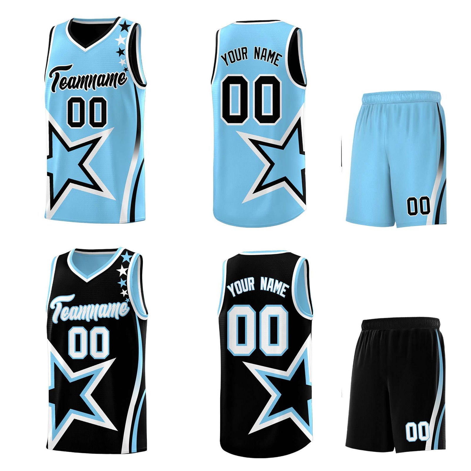 Custom Black Powder Blue Reversible Color Block Start Pattern Sports Uniform Basketball Jersey Kits