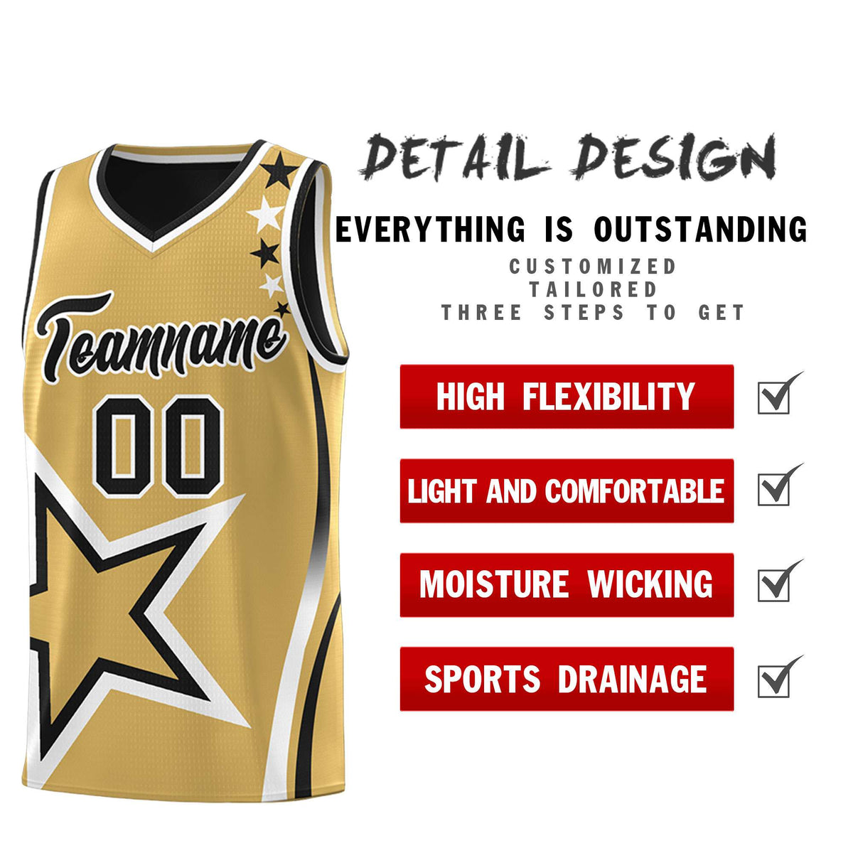 Custom Black Old Gold Reversible Color Block Start Pattern Sports Uniform Basketball Jersey Kits