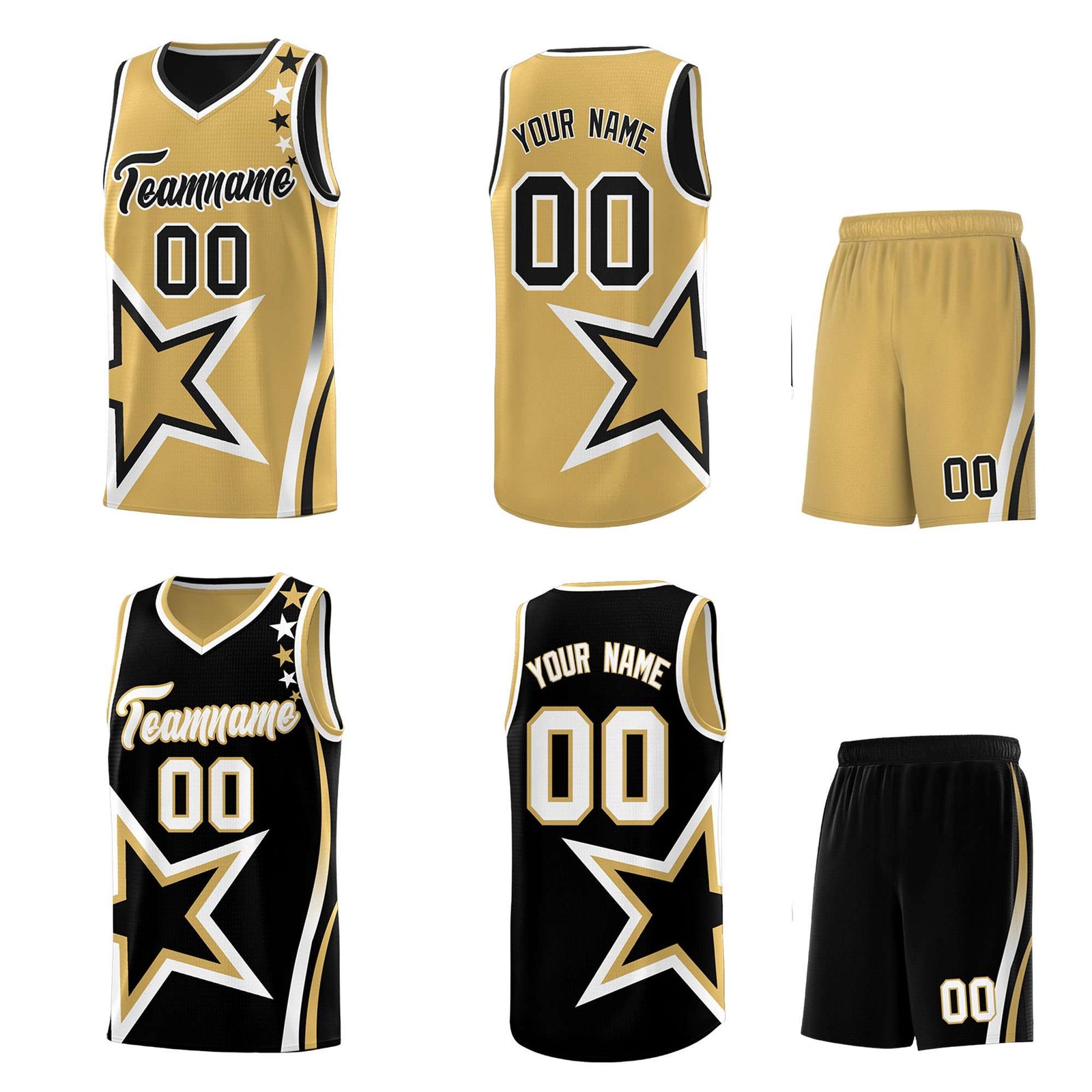 Custom Black Old Gold Reversible Color Block Start Pattern Sports Uniform Basketball Jersey Kits