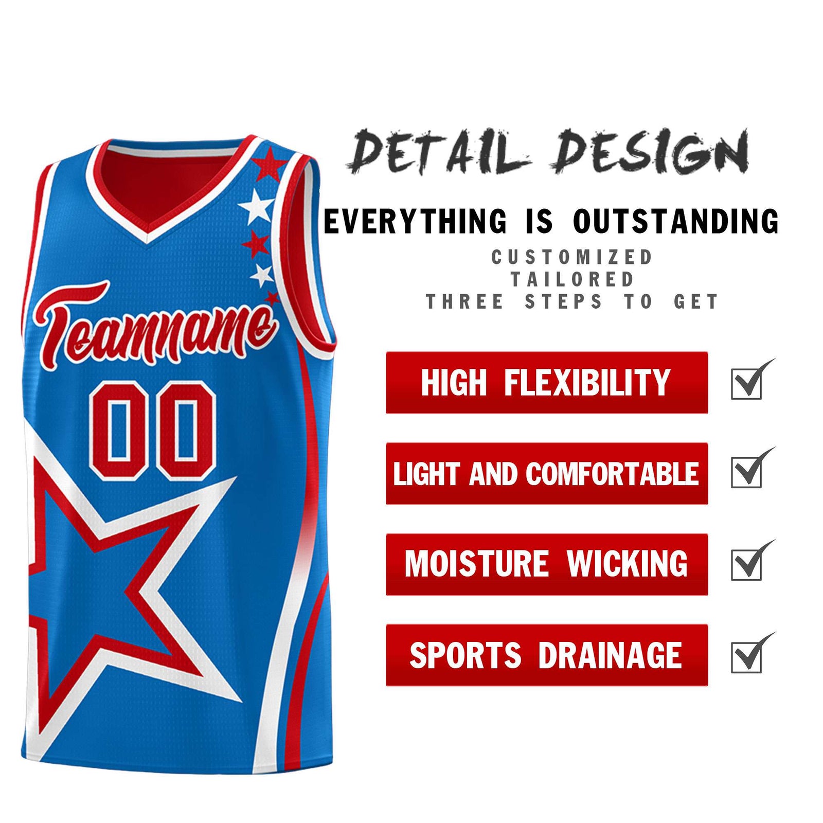 Custom Red Royal Reversible Color Block Start Pattern Sports Uniform Basketball Jersey Kits
