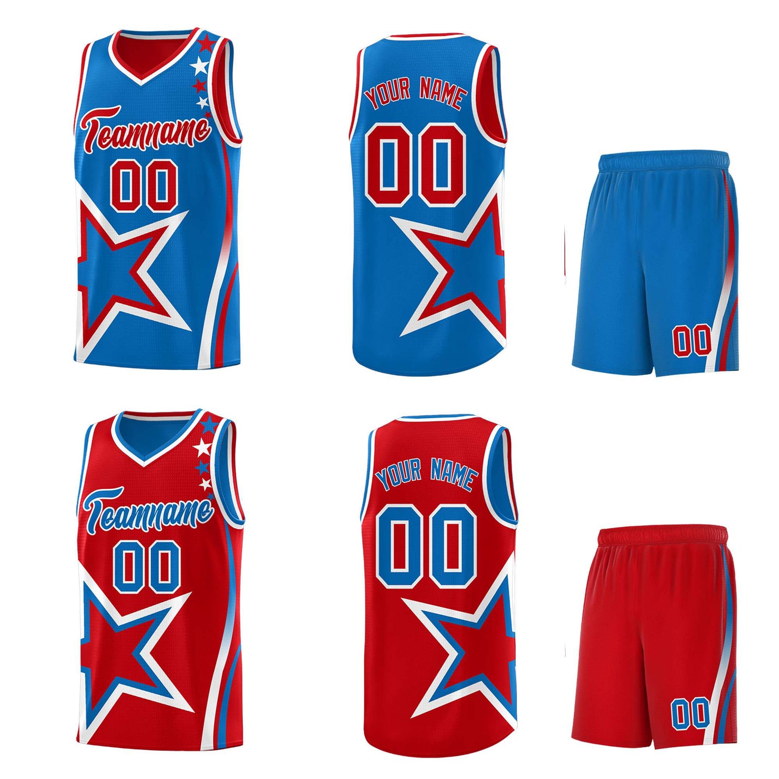 Custom Red Royal Reversible Color Block Start Pattern Sports Uniform Basketball Jersey Kits