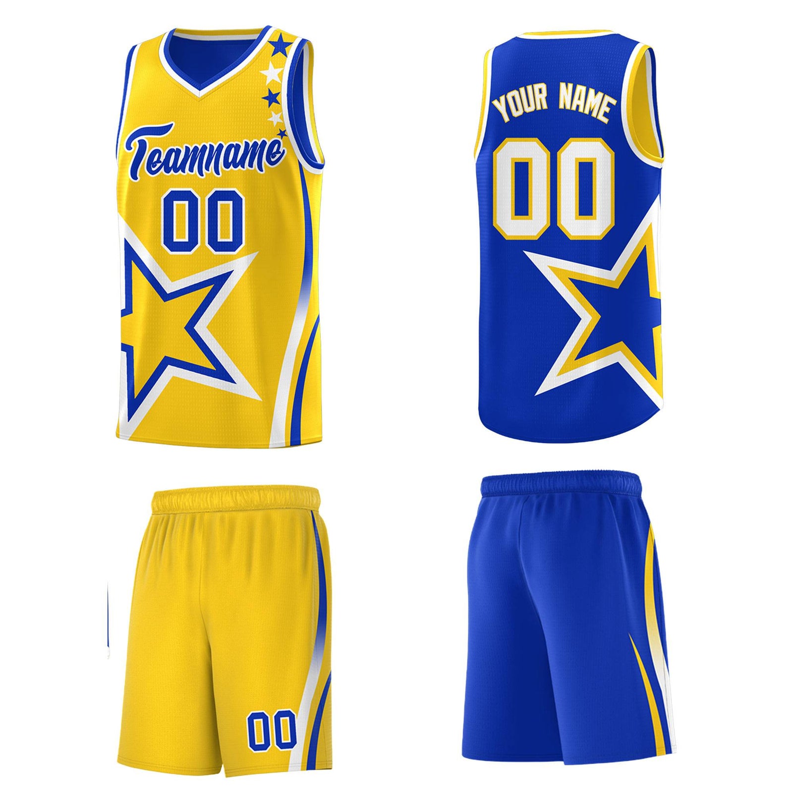 Custom Royal Gold Reversible Color Block Start Pattern Sports Uniform Basketball Jersey Kits