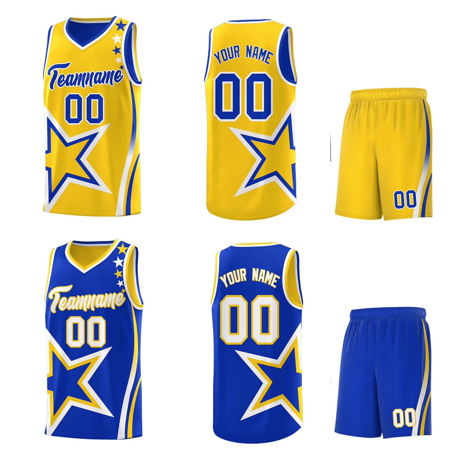 Custom Royal Gold Reversible Color Block Start Pattern Sports Uniform Basketball Jersey Kits