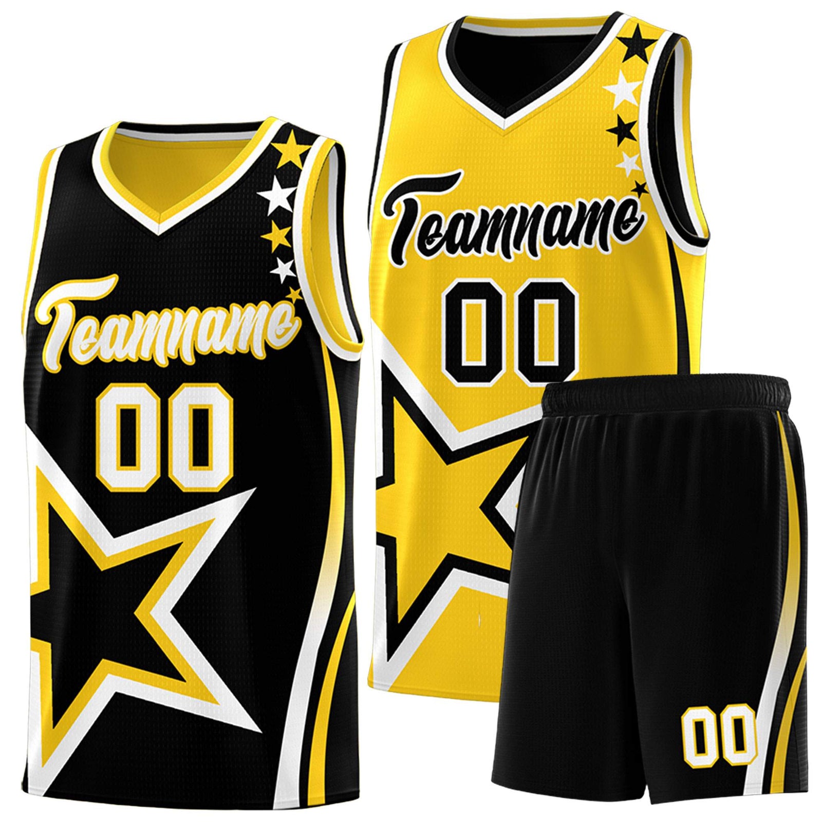 Custom Black Gold Reversible Color Block Start Pattern Sports Uniform Basketball Jersey Kits