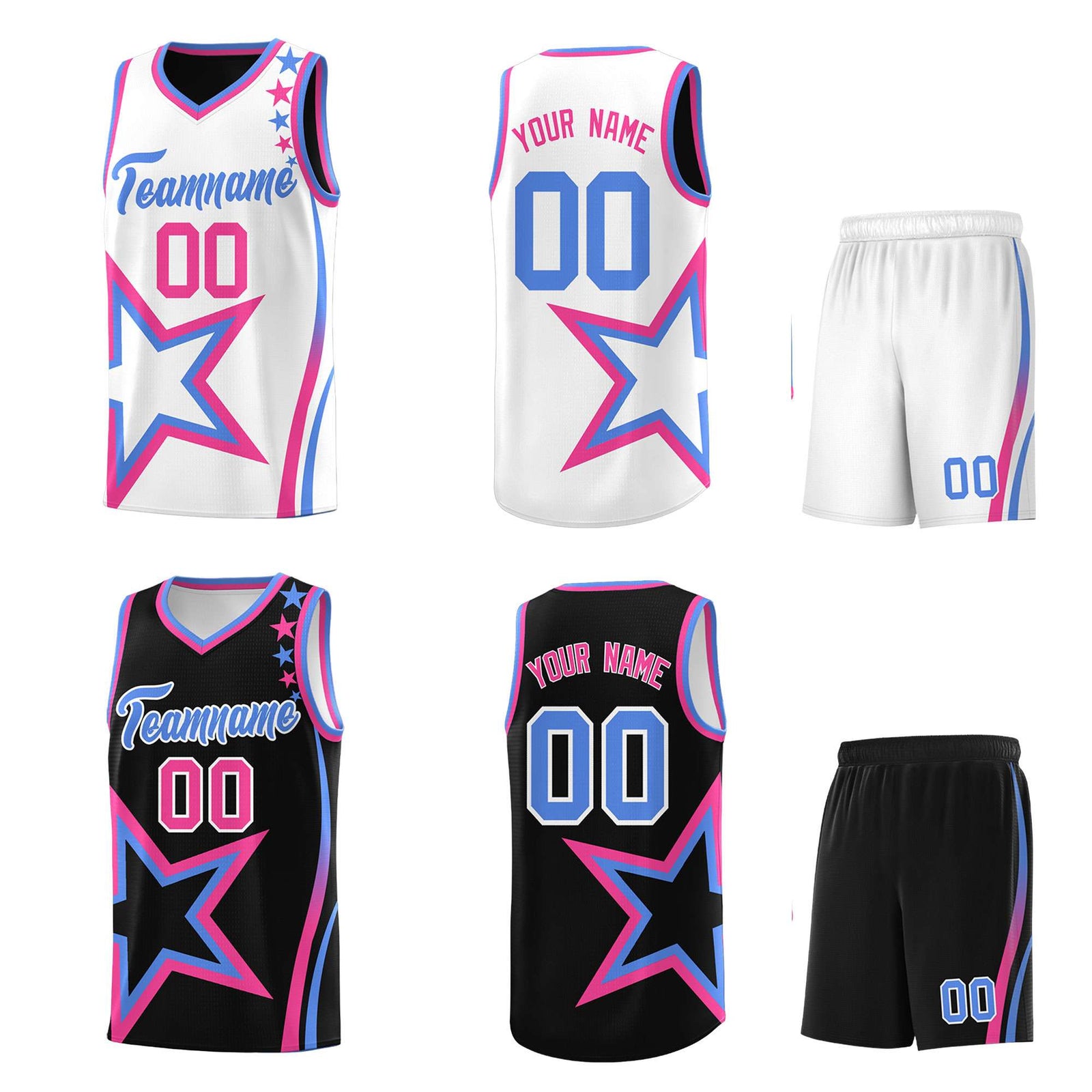 Custom Black White Reversible Color Block Start Pattern Sports Uniform Basketball Jersey Kits