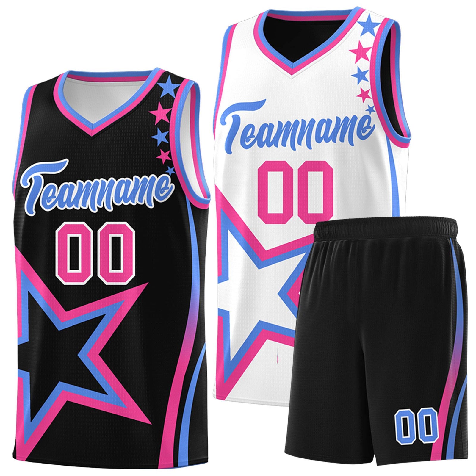 Custom Black White Reversible Color Block Start Pattern Sports Uniform Basketball Jersey Kits