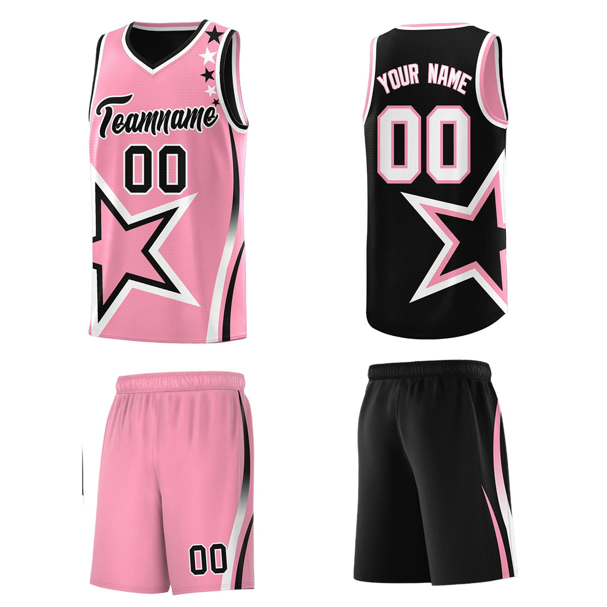 Custom Black Light Pink Reversible Color Block Start Pattern Sports Uniform Basketball Jersey Kits