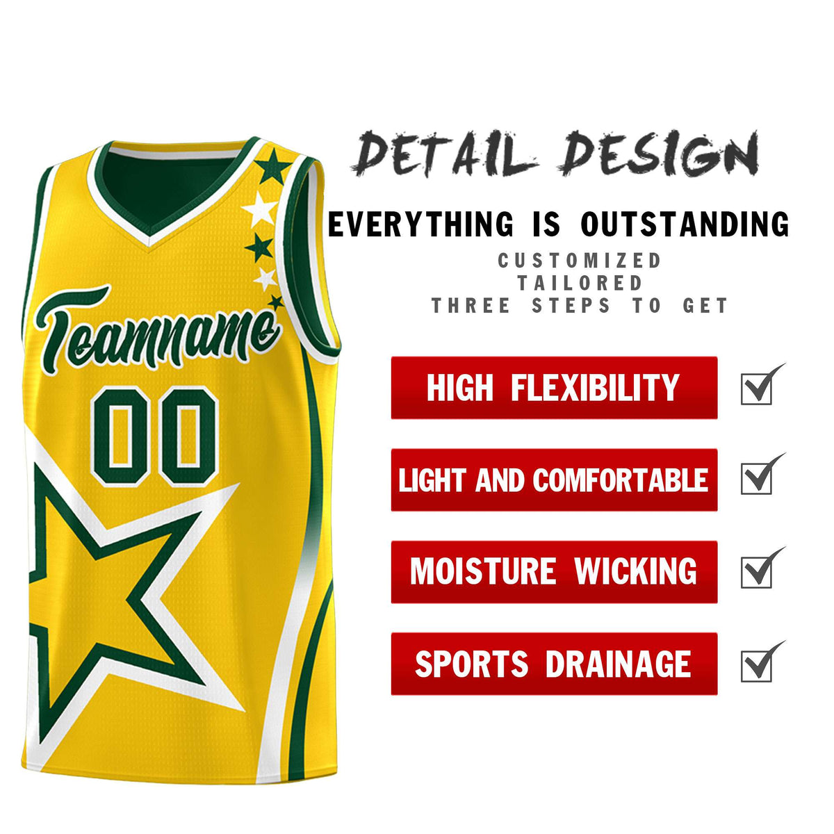 Custom Green Gold Reversible Color Block Start Pattern Sports Uniform Basketball Jersey Kits