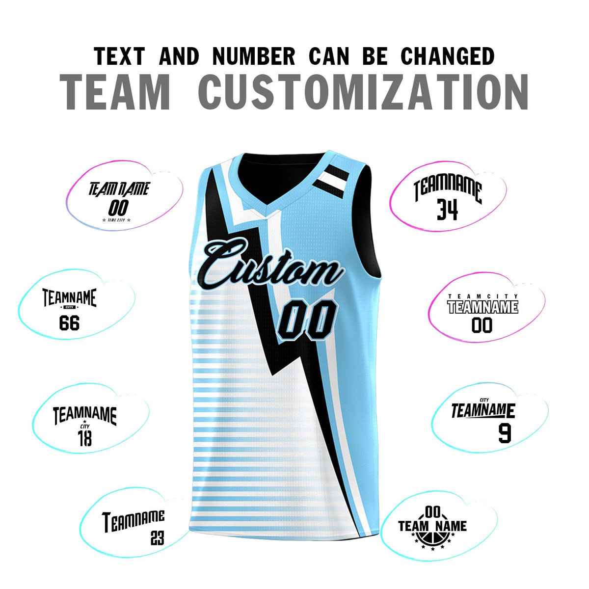 Custom Black Light Blue White Gradient Stripes Lightning Pattern Reversible Sets Basketball Jersey| KXKSHOP