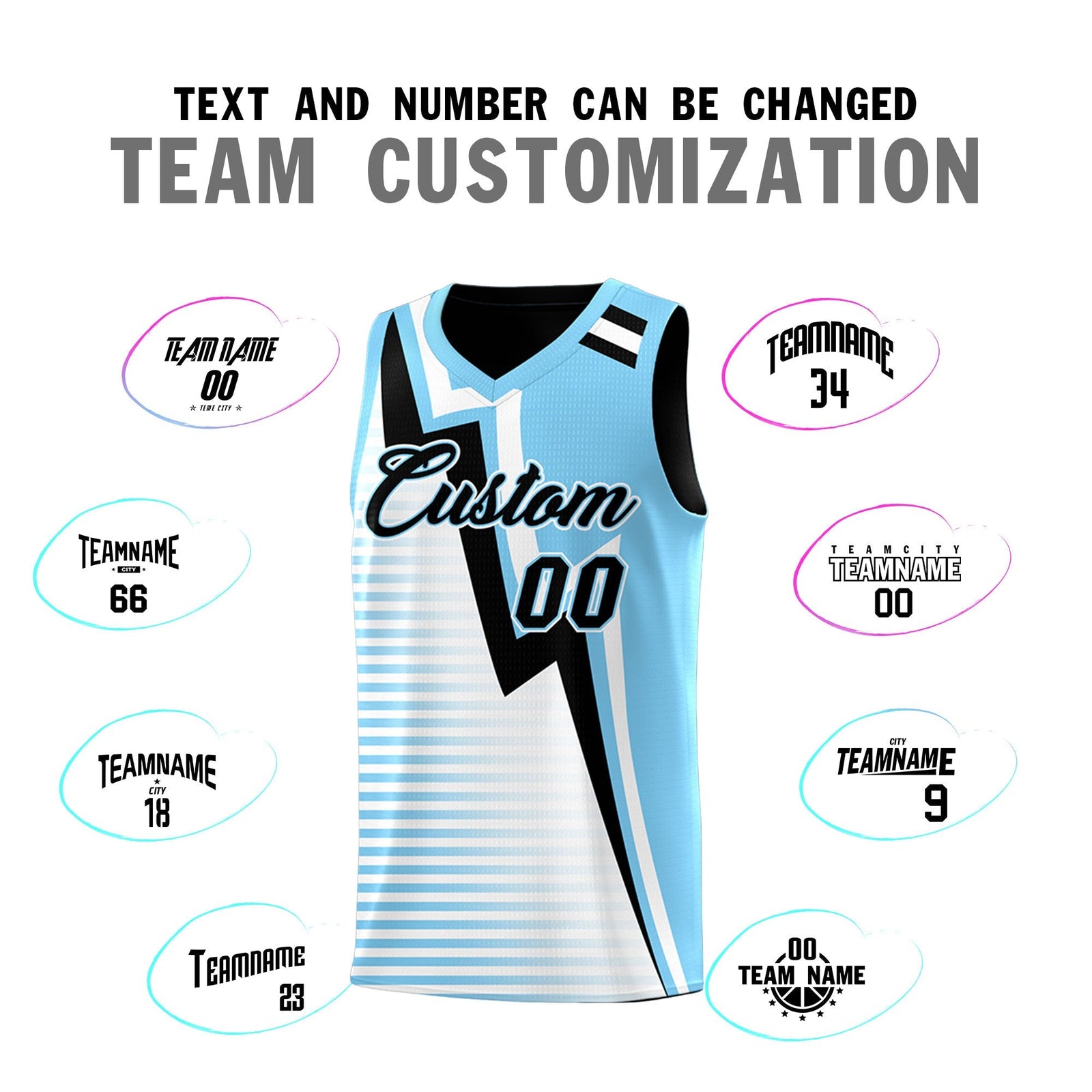 Custom Black Light Blue White Gradient Stripes Lightning Pattern Reversible Sets Basketball Jersey| KXKSHOP