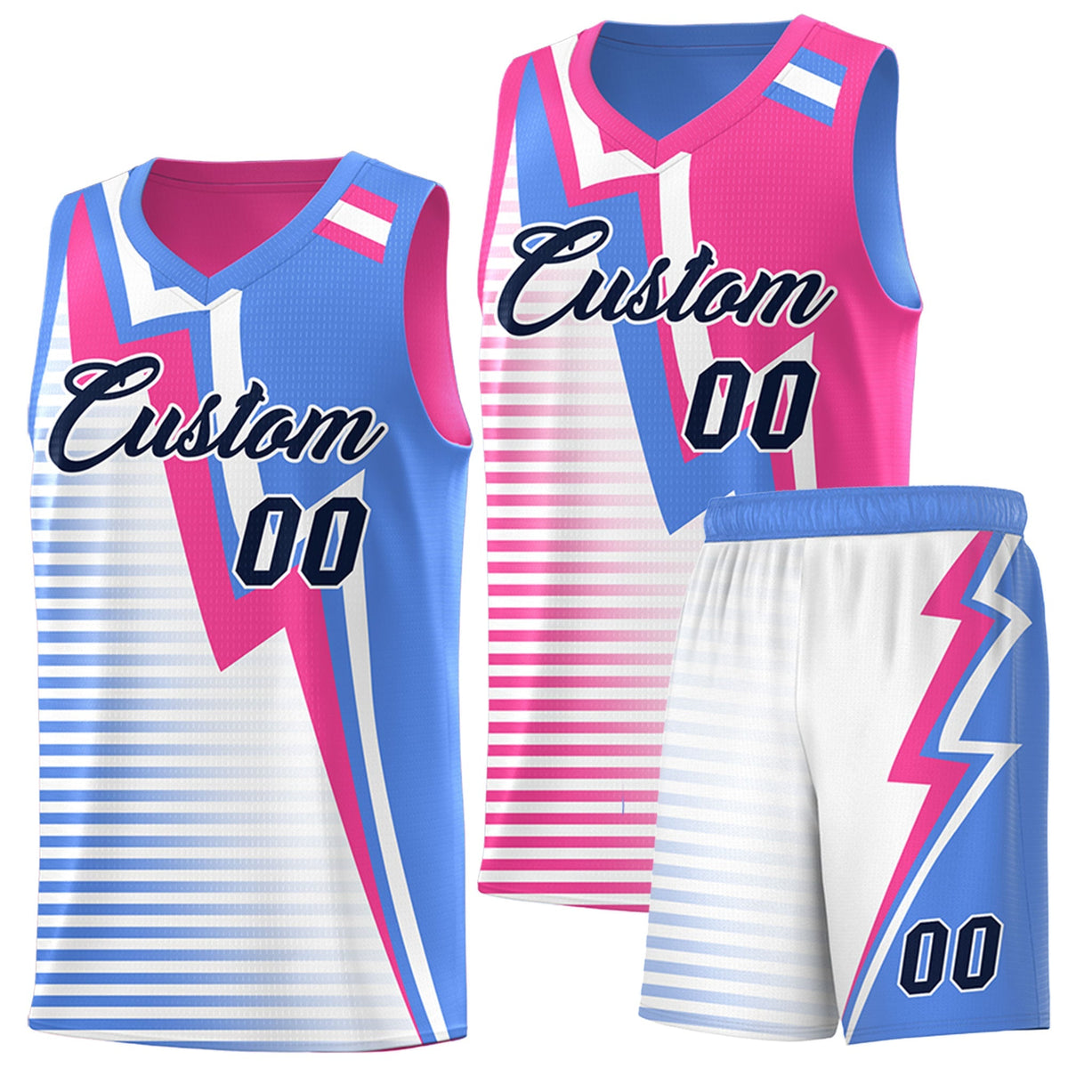 Custom Powder Blue Pink White Gradient Stripes Lightning Pattern Reversible Sets Basketball Jersey| KXKSHOP