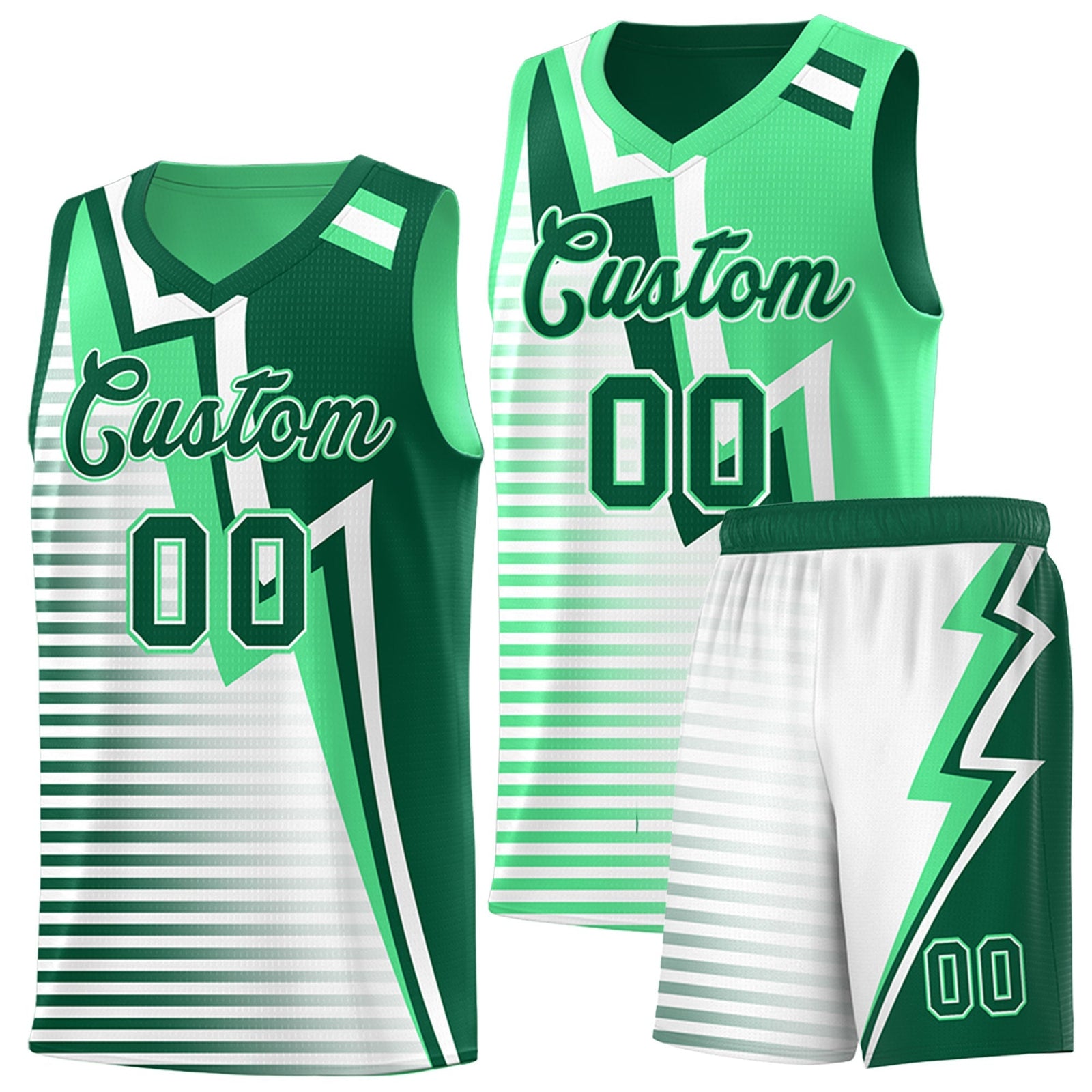Custom Kelly Green Green White Gradient Stripes Lightning Pattern Reversible Sets Basketball Jersey| KXKSHOP