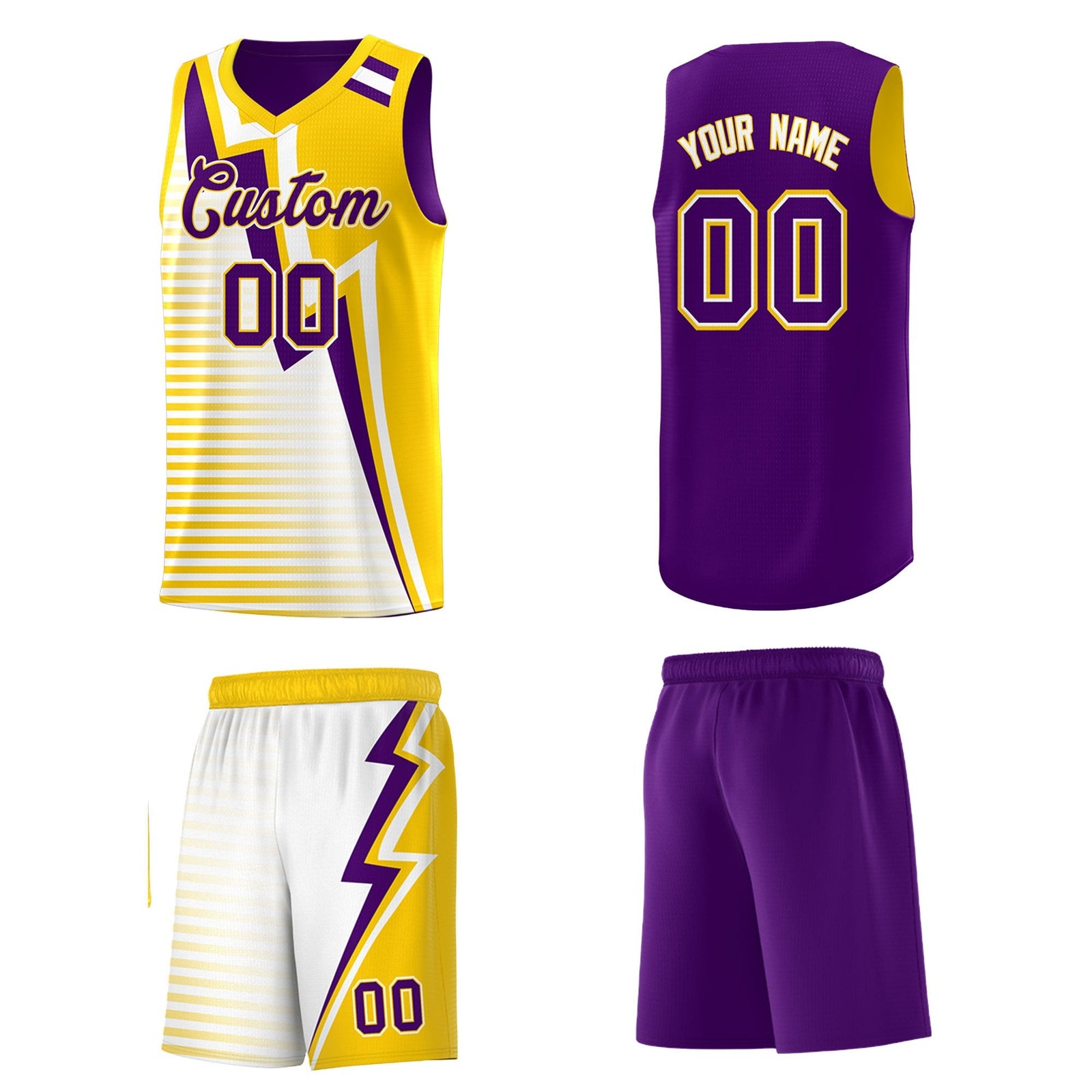 Custom Purple Gold White Gradient Stripes Lightning Pattern Reversible Sets Basketball Jersey| KXKSHOP
