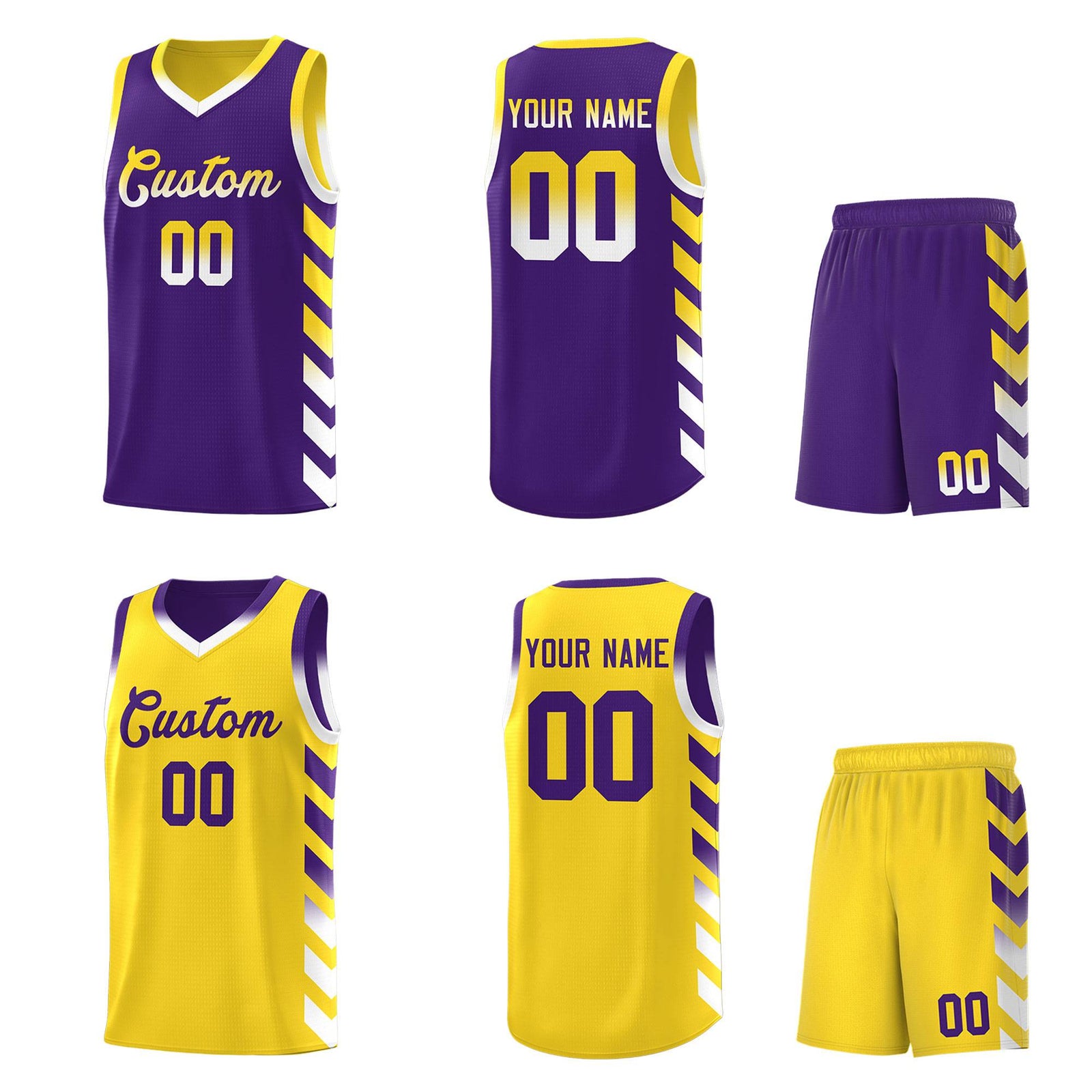 Custom Gold Purple Reversible Basketball Jersey Kits - Side Arrow Purple White Gradient