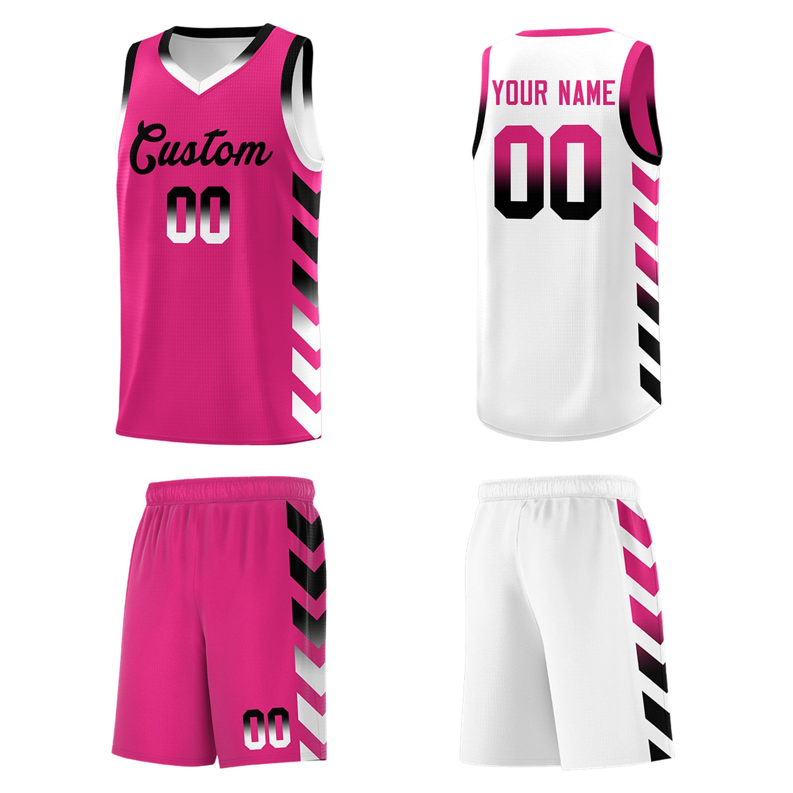 Custom White Pink Reversible Basketball Jersey Kits - Side Arrow Pink Black Gradient
