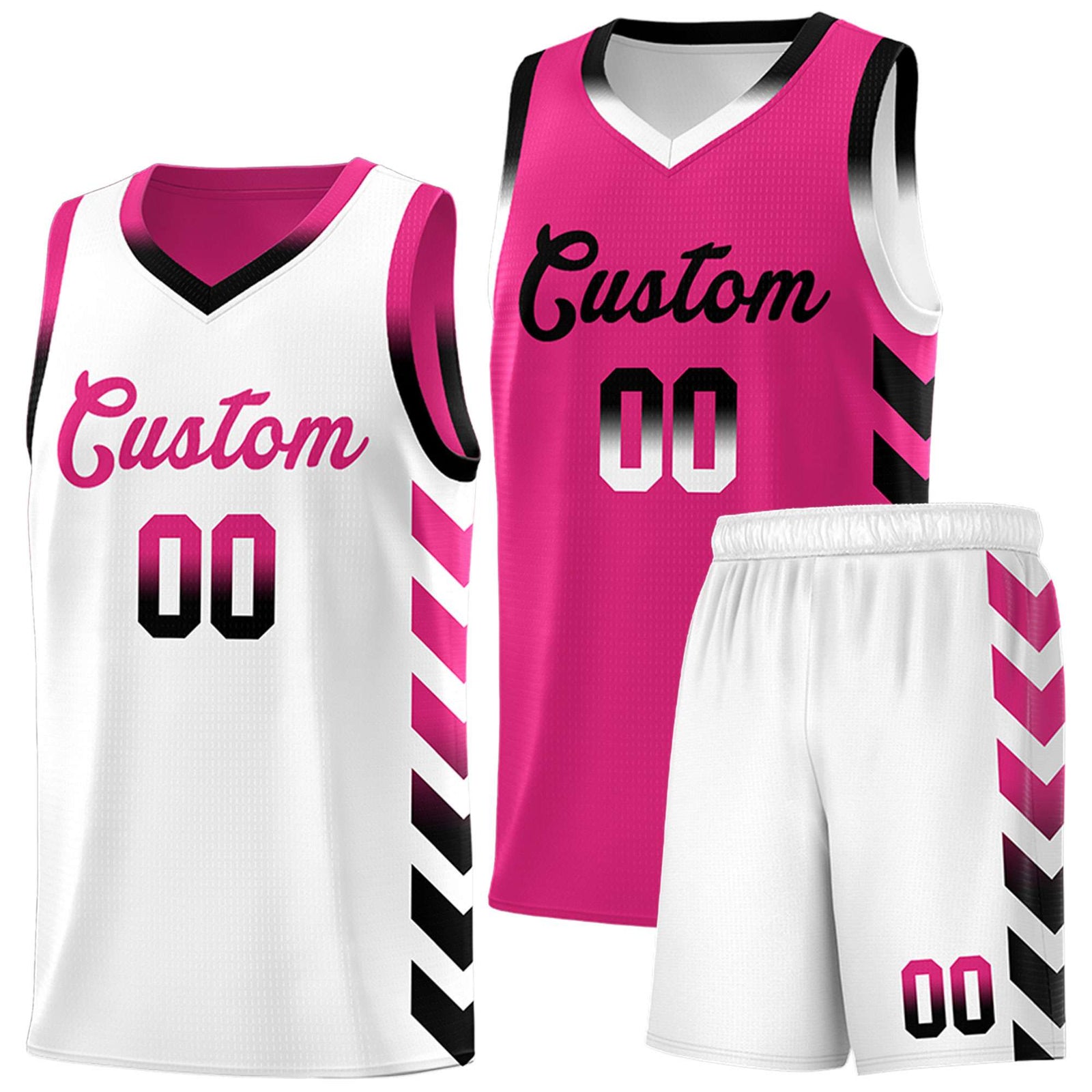 Custom White Pink Reversible Basketball Jersey Kits - Side Arrow Pink Black Gradient