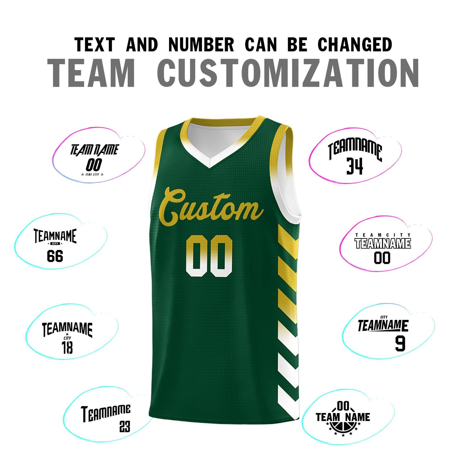Custom White Green Reversible Basketball Jersey Kits - Side Arrow Green Old Gold Gradient