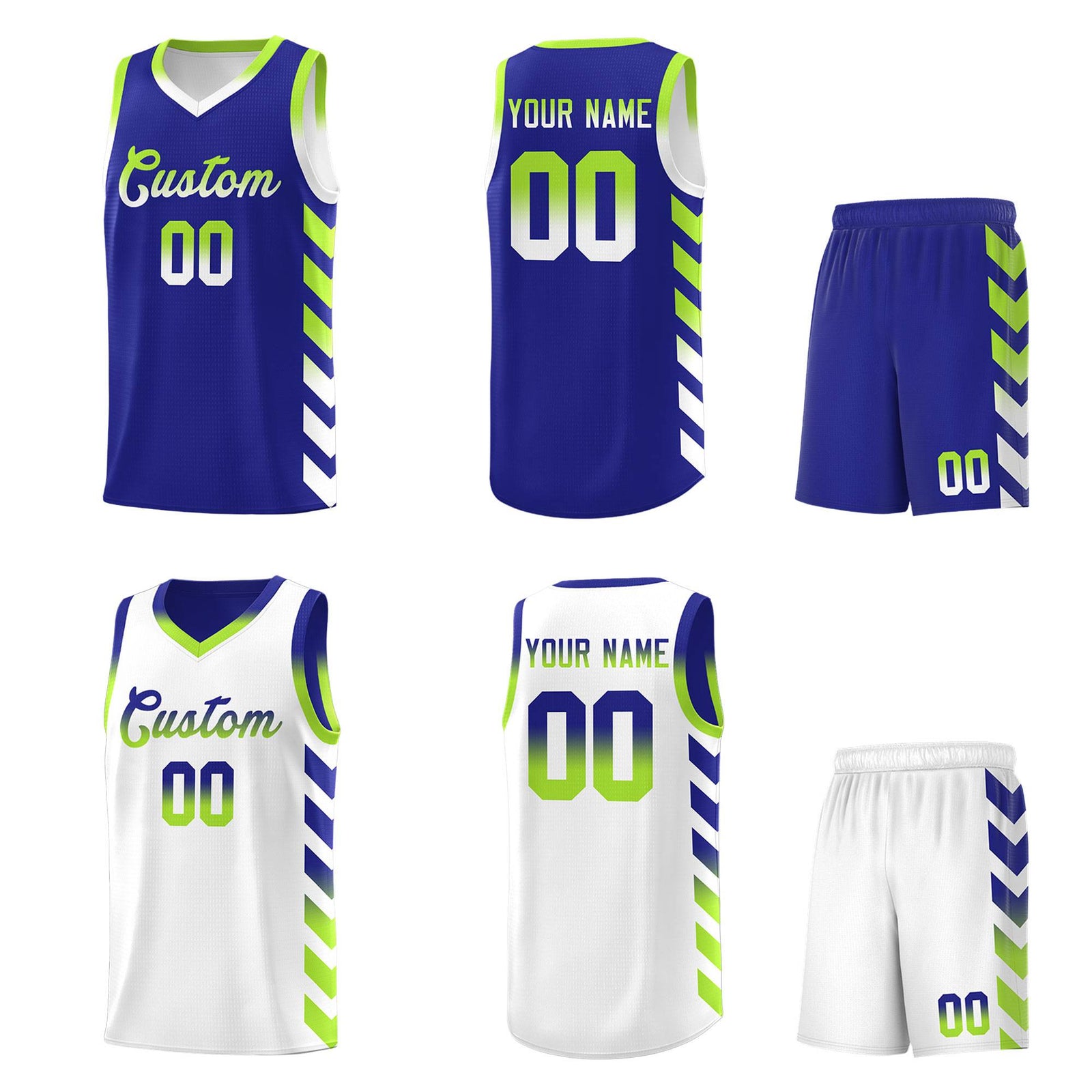 Custom White Royal Reversible Basketball Jersey Kits - Side Arrow Royal Neon Green Gradient