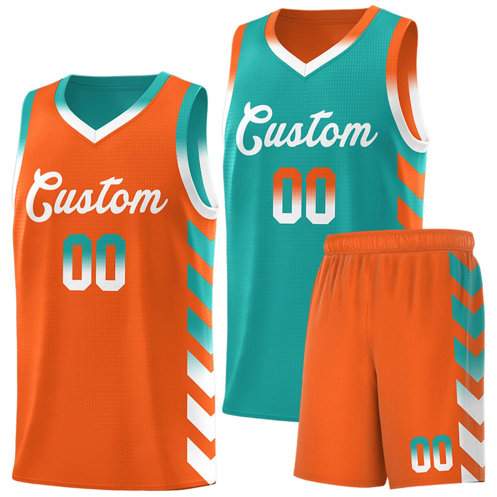 Custom Orange Aqua Reversible Basketball Jersey Kits - Side Arrow Aqua White Gradient