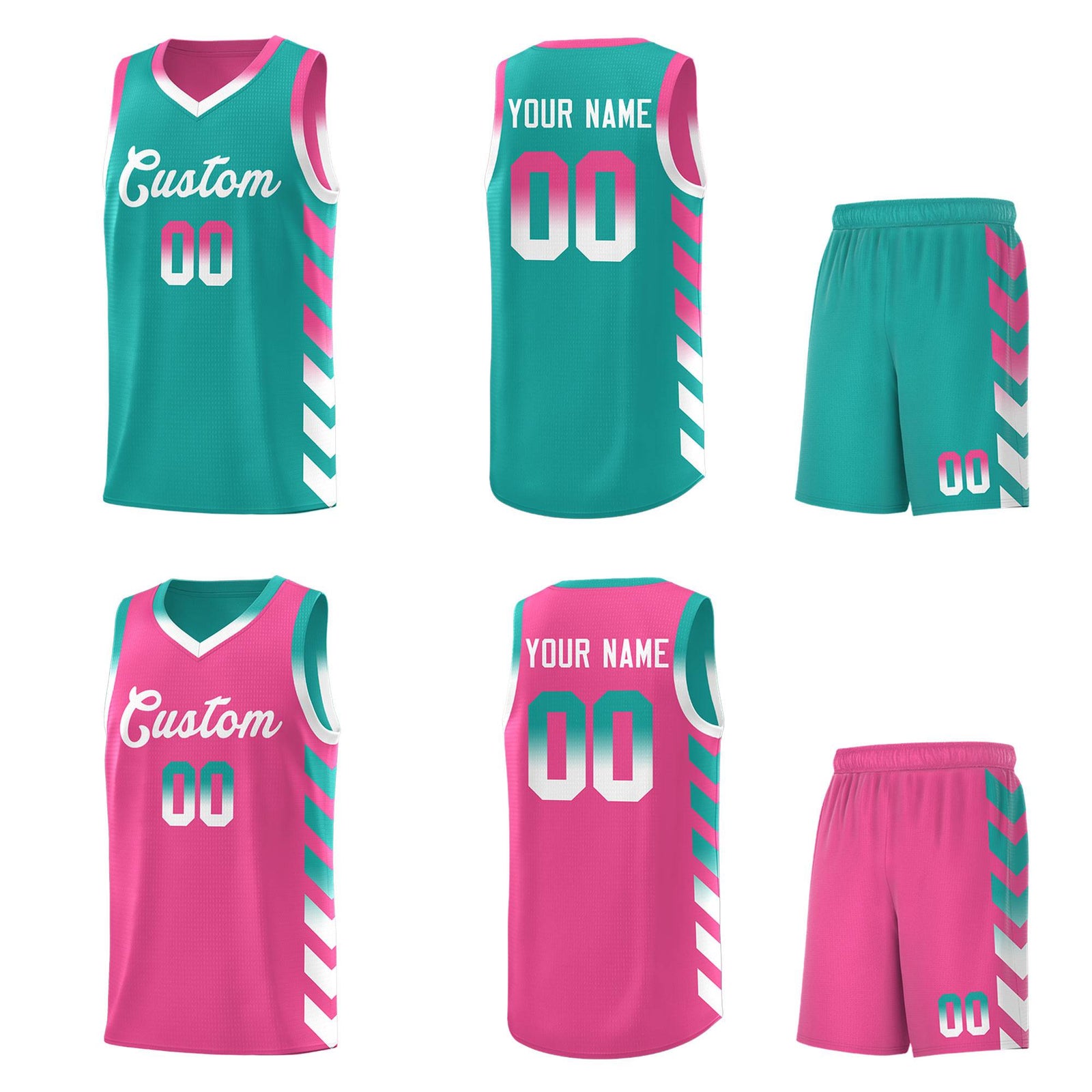 Custom Pink Aqua Reversible Basketball Jersey Kits - Side Arrow Aqua White Gradient