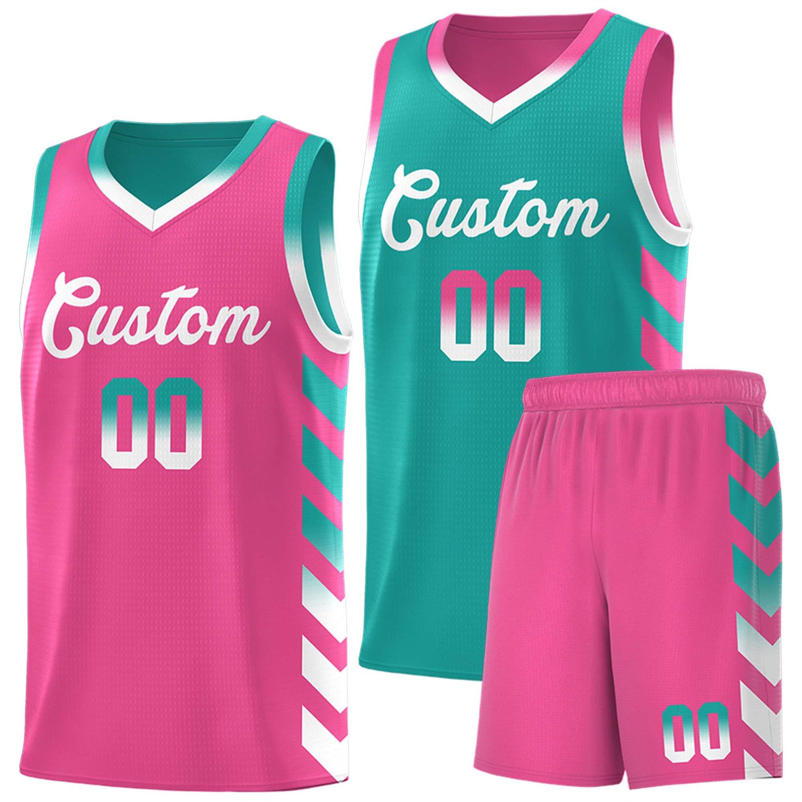Custom Pink Aqua Reversible Basketball Jersey Kits - Side Arrow Aqua White Gradient
