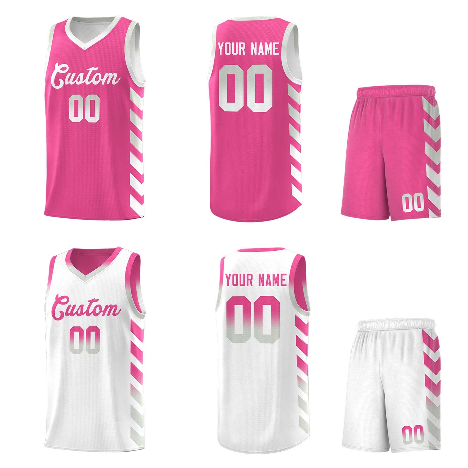 Custom White Pink Reversible Basketball Jersey Kits - Side Arrow Pink Gray Gradient