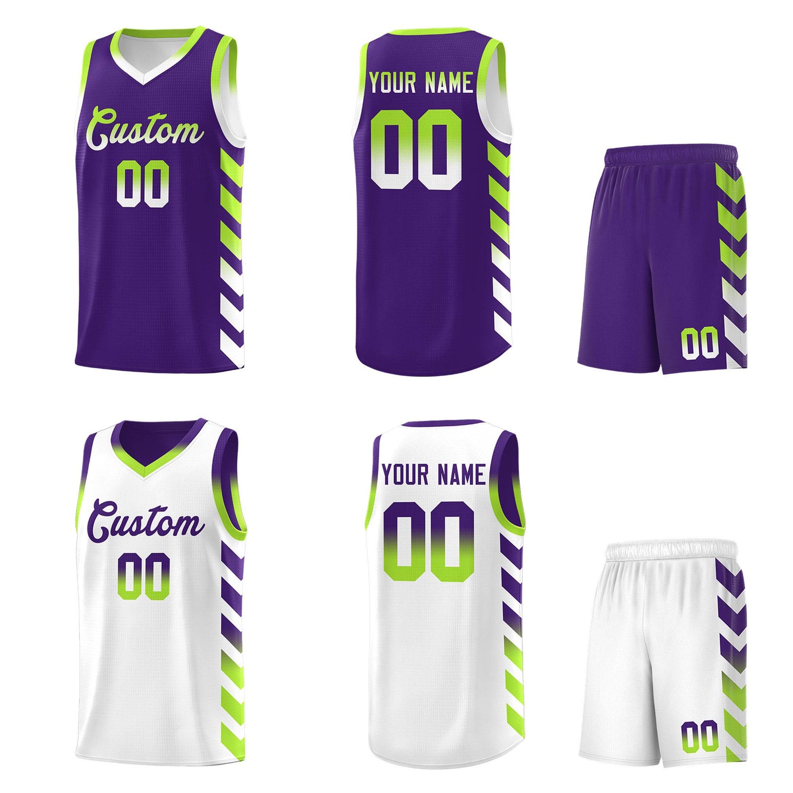 Custom White Purple Reversible Basketball Jersey Kits - Side Arrow Purple Neon Green Gradient