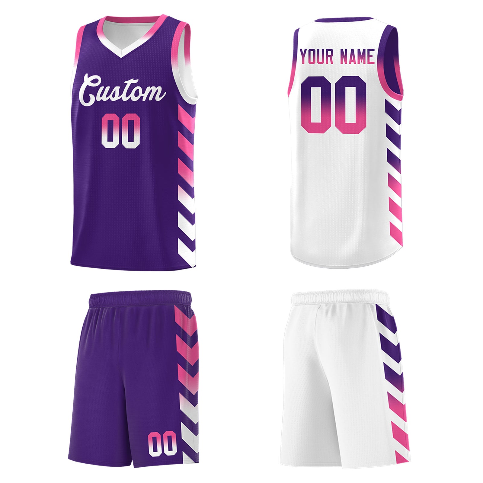 Custom White Purple Reversible Basketball Jersey Kits - Side Arrow Purple Pink Gradient