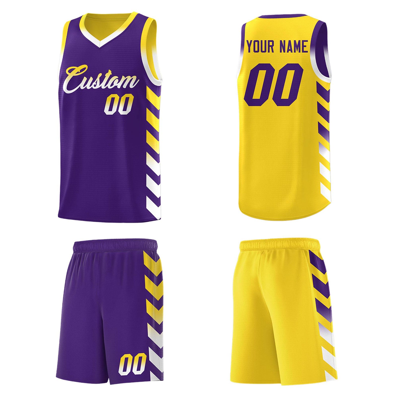 Custom Gold Purple Reversible Basketball Jersey Kits - Side Arrow Purple White Gradient