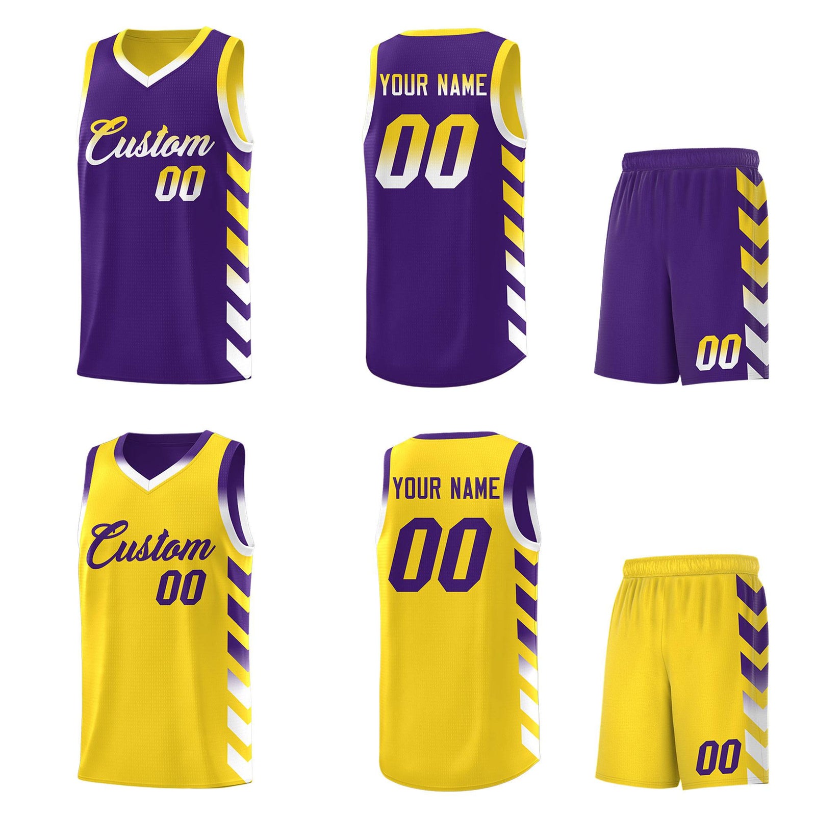 Custom Gold Purple Reversible Basketball Jersey Kits - Side Arrow Purple White Gradient