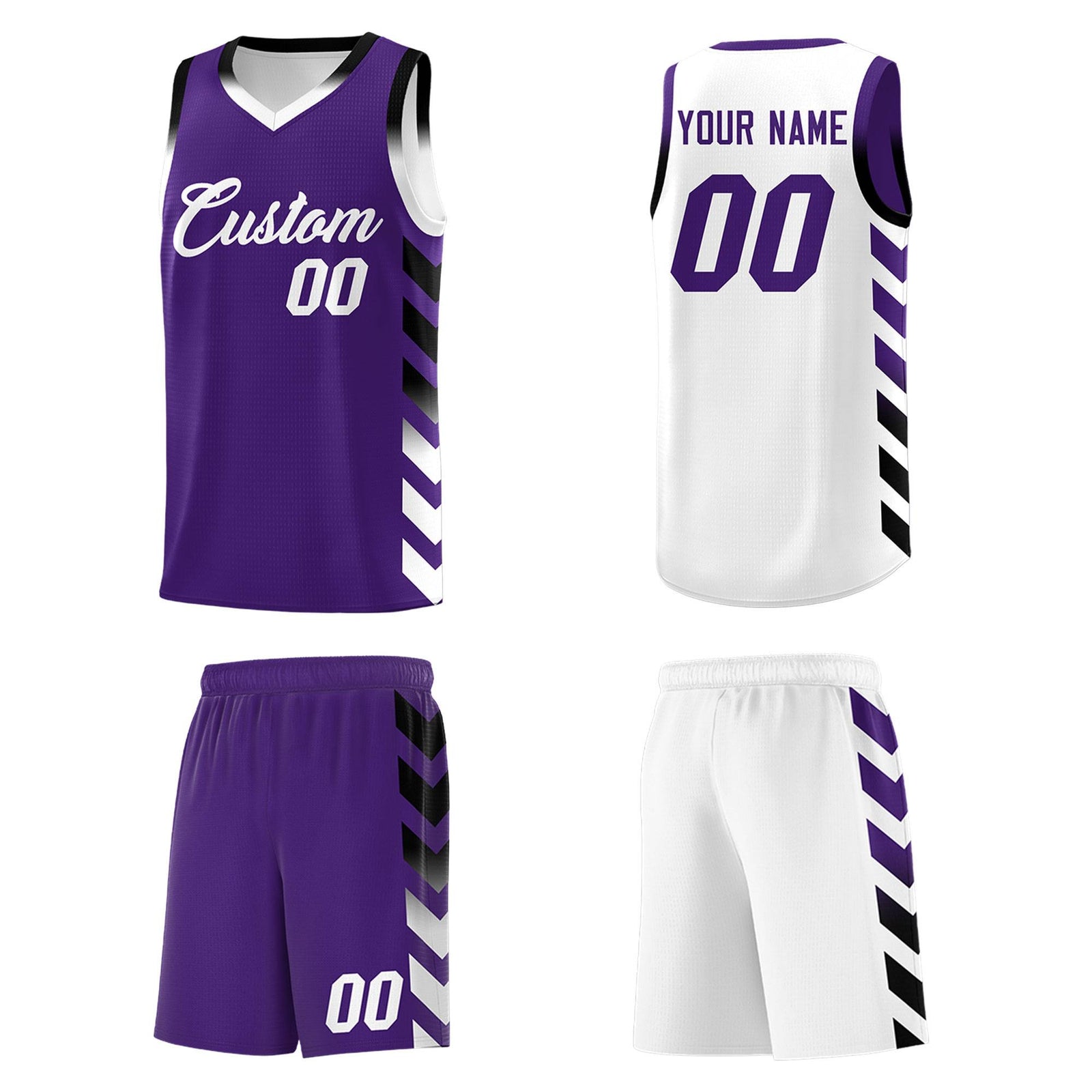 Custom White Purple Reversible Basketball Jersey Kits - Side Arrow Purple Black Gradient