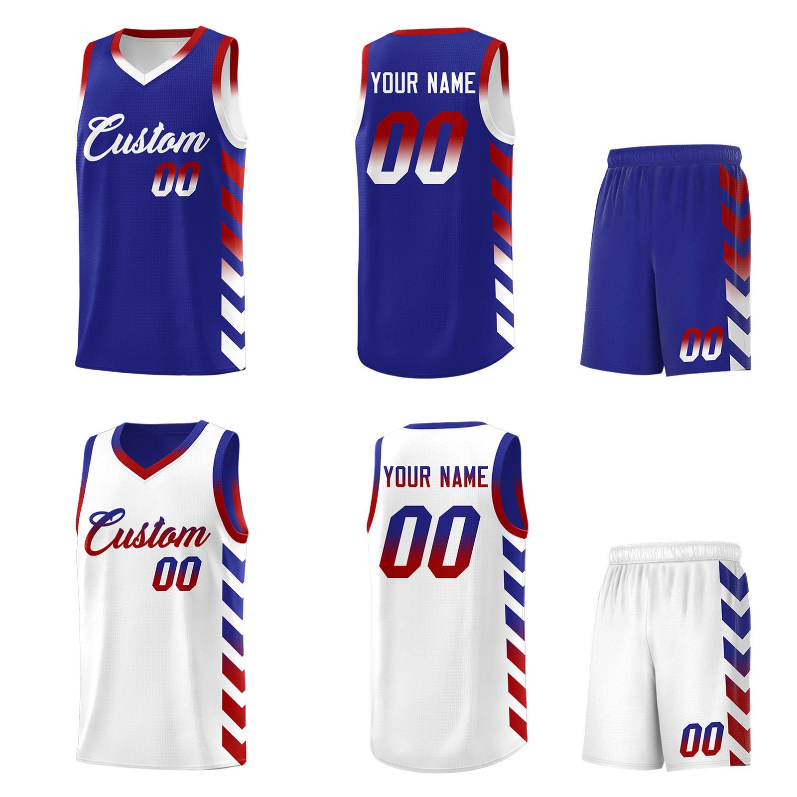 Custom White Royal Reversible Basketball Jersey Kits - Side Arrow Royal Red Gradient
