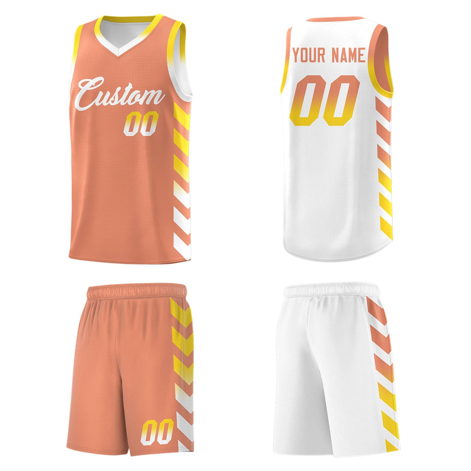 Custom White Light Orange Reversible Basketball Jersey Kits - Side Arrow Light Orange Gold Gradient