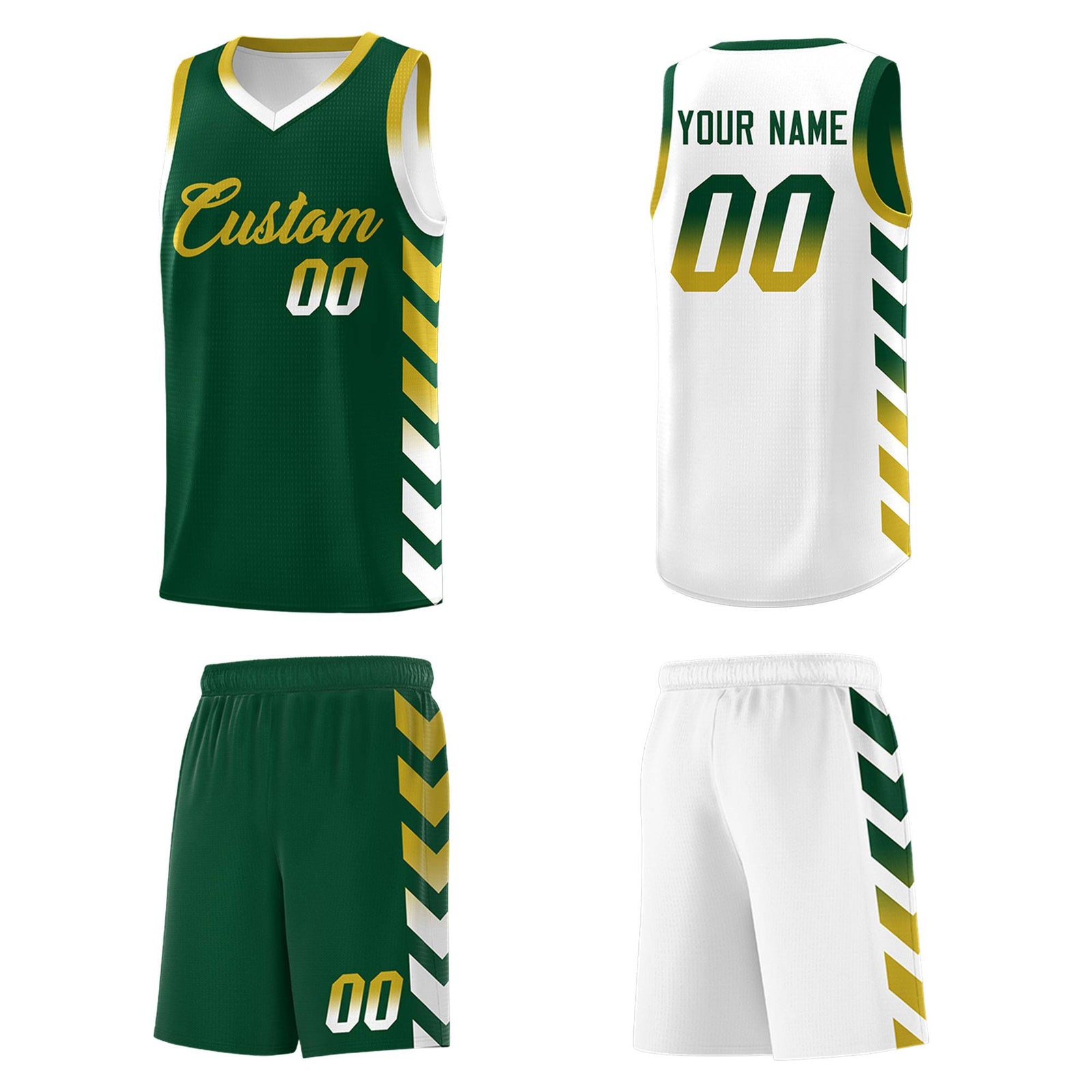 Custom White Green Reversible Basketball Jersey Kits - Side Arrow Green Old Gold Gradient