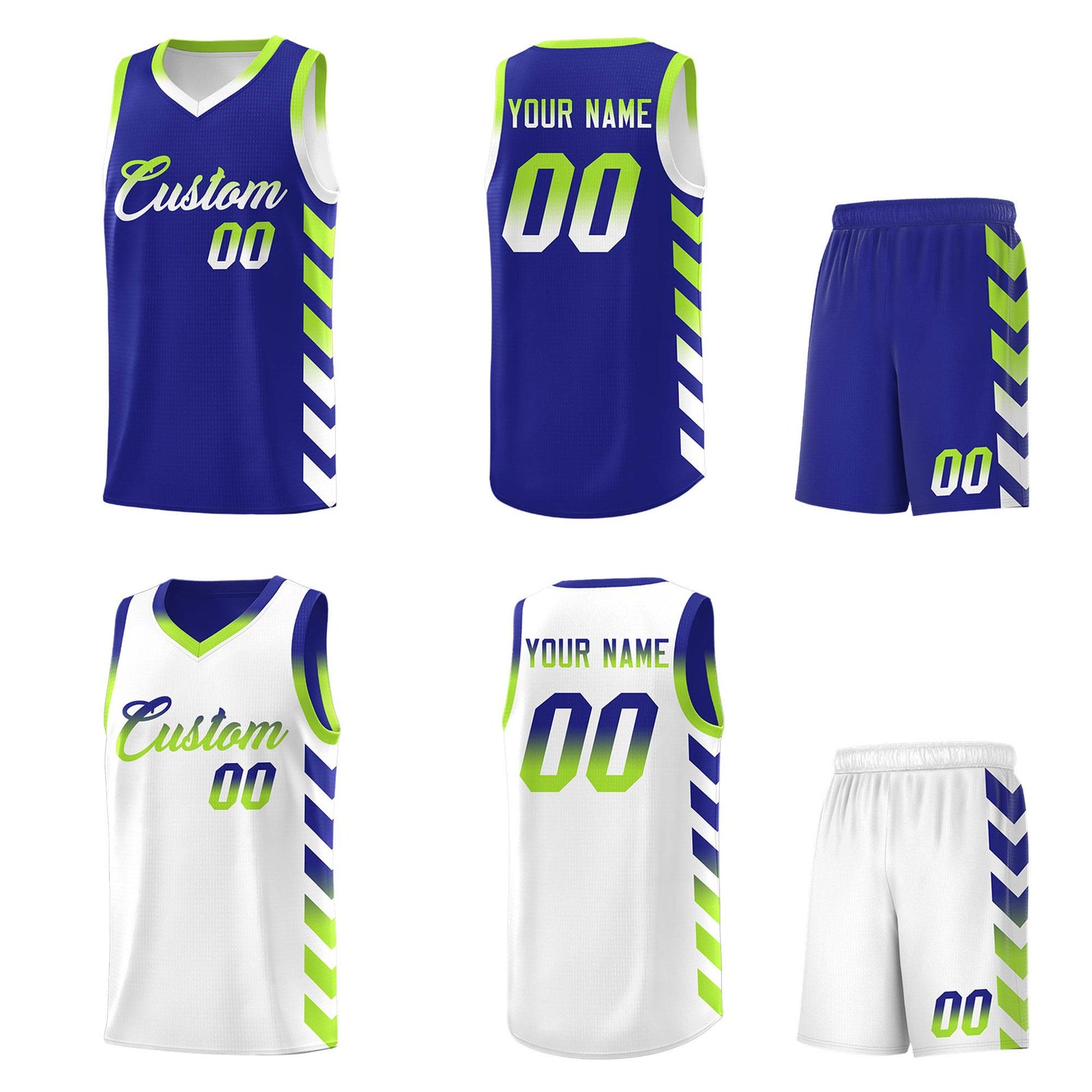 Custom White Royal Reversible Basketball Jersey Kits - Side Arrow Royal Neon Green Gradient
