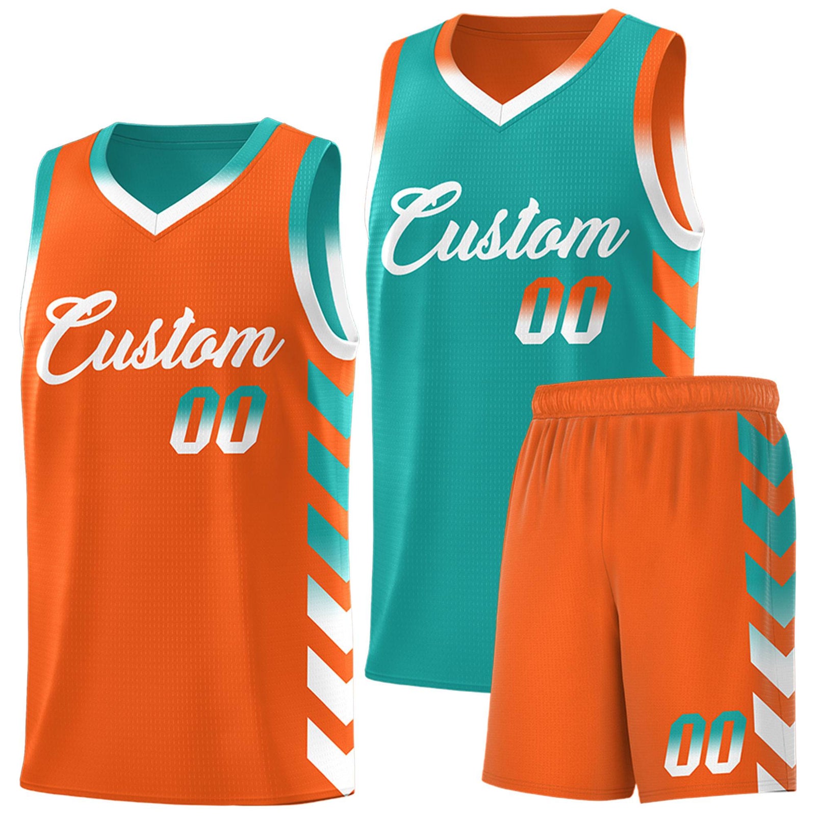 Custom Orange Aqua Reversible Basketball Jersey Kits - Side Arrow Aqua White Gradient