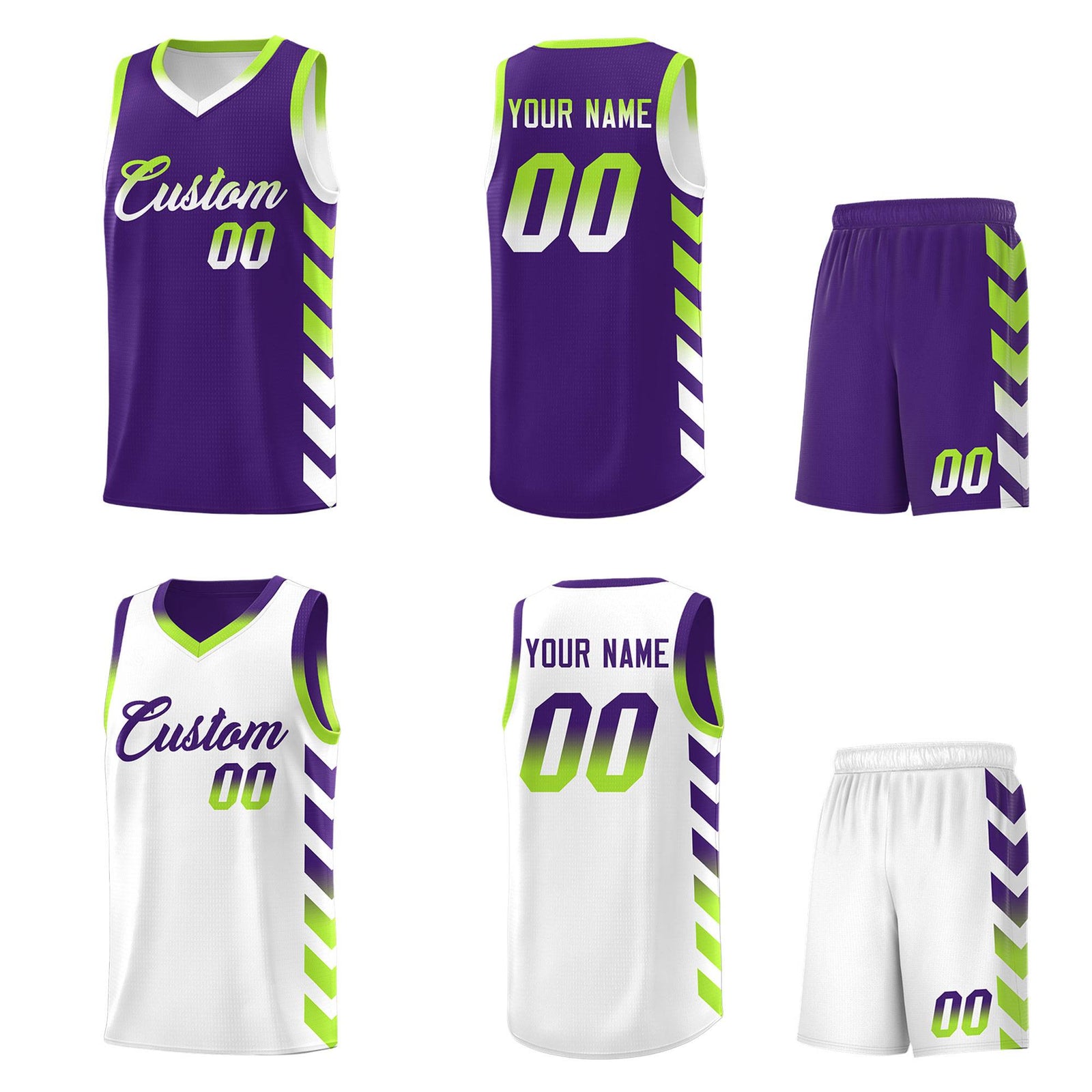 Custom White Purple Reversible Basketball Jersey Kits - Side Arrow Purple Neon Green Gradient