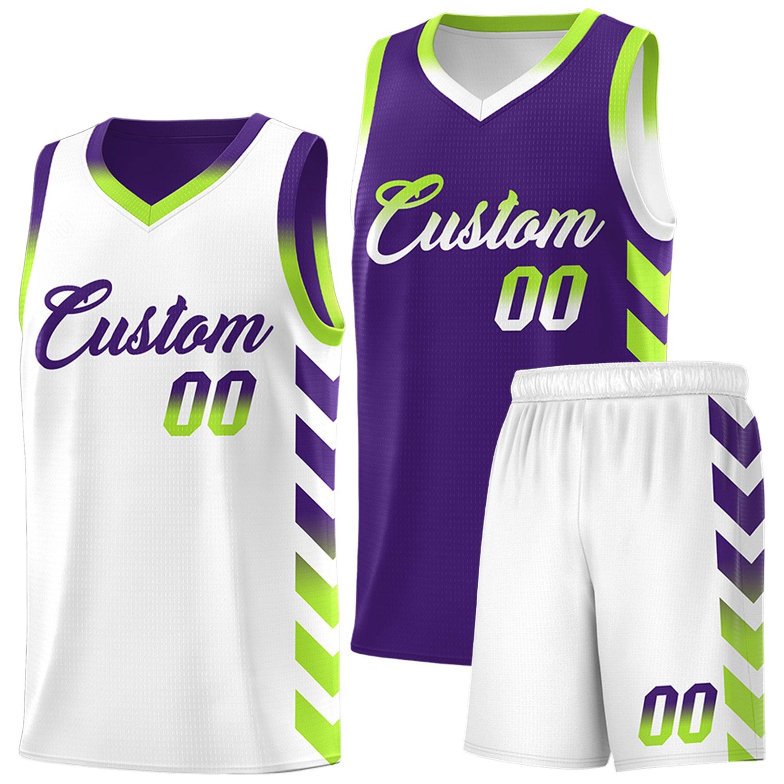 Custom White Purple Reversible Basketball Jersey Kits - Side Arrow Purple Neon Green Gradient