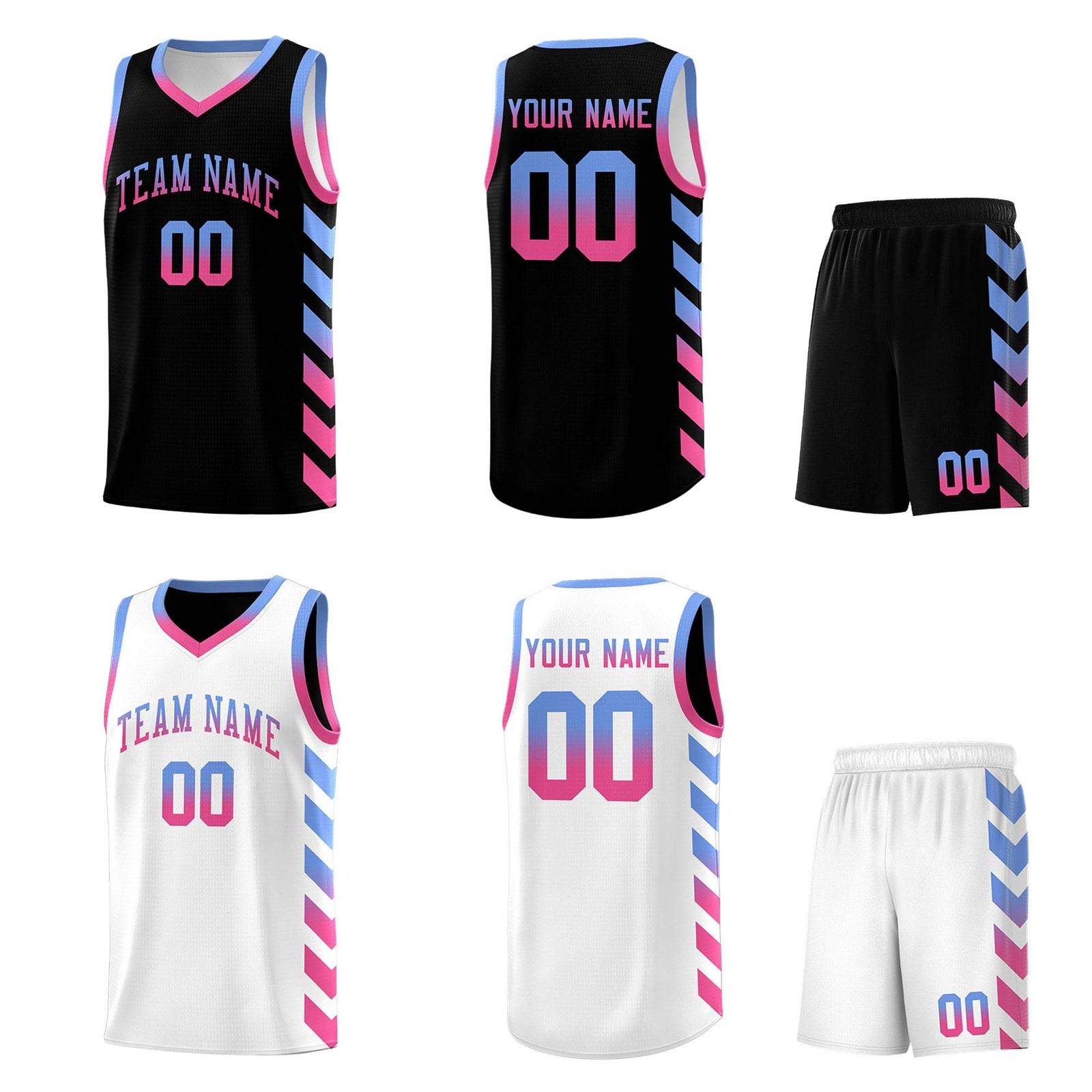 Custom White Black Reversible Basketball Jersey Kits - Side Arrow Light Blue Pink Gradient