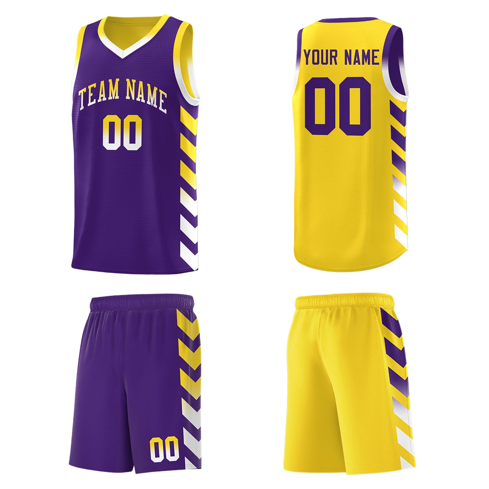Custom Gold Purple Reversible Basketball Jersey Kits - Side Arrow Purple White Gradient