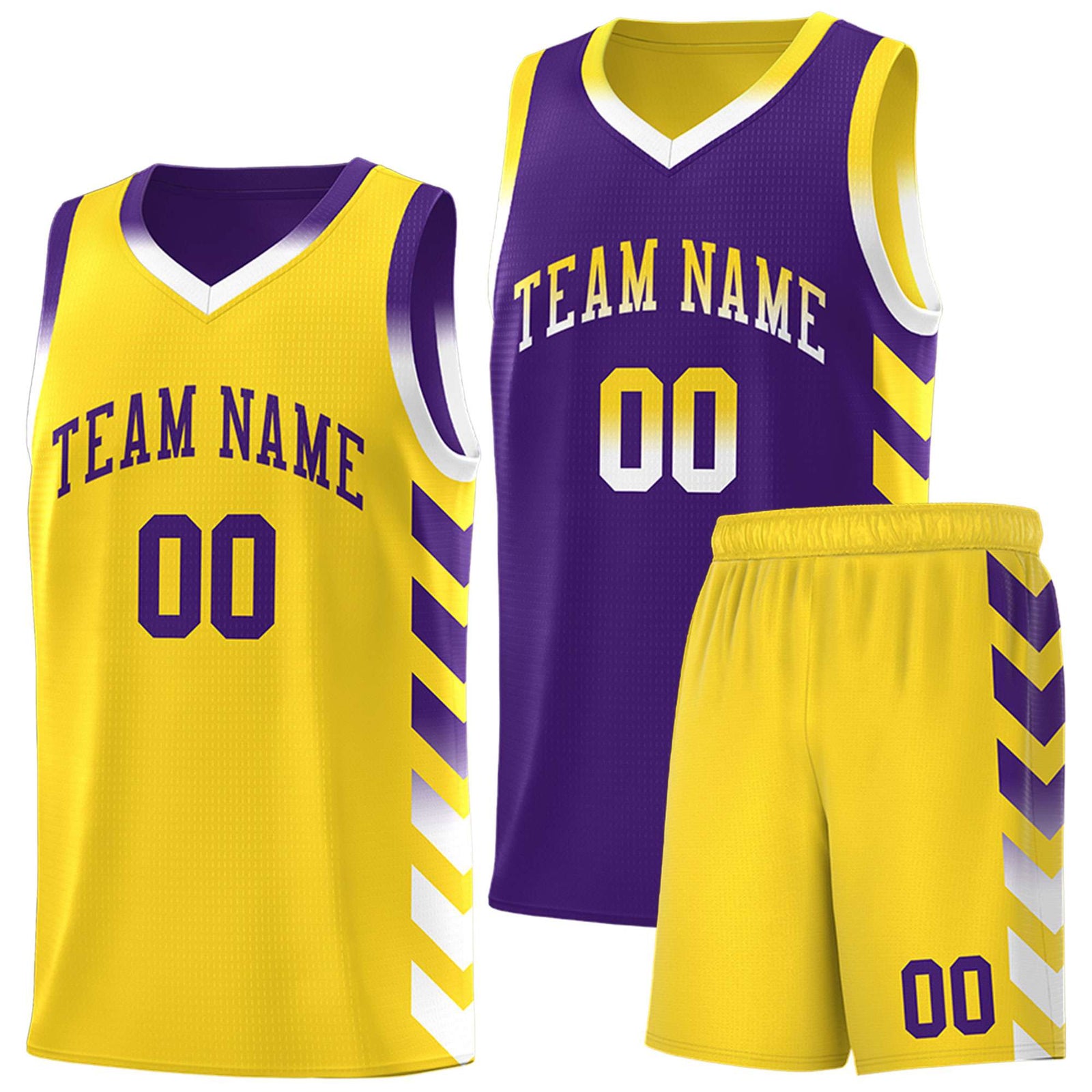 Custom Gold Purple Reversible Basketball Jersey Kits - Side Arrow Purple White Gradient