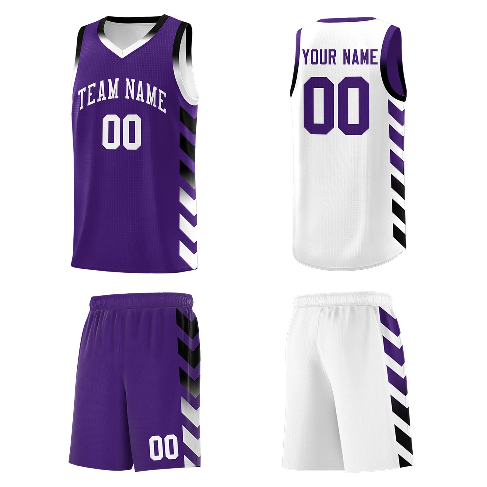Custom White Purple Reversible Basketball Jersey Kits - Side Arrow Purple Black Gradient