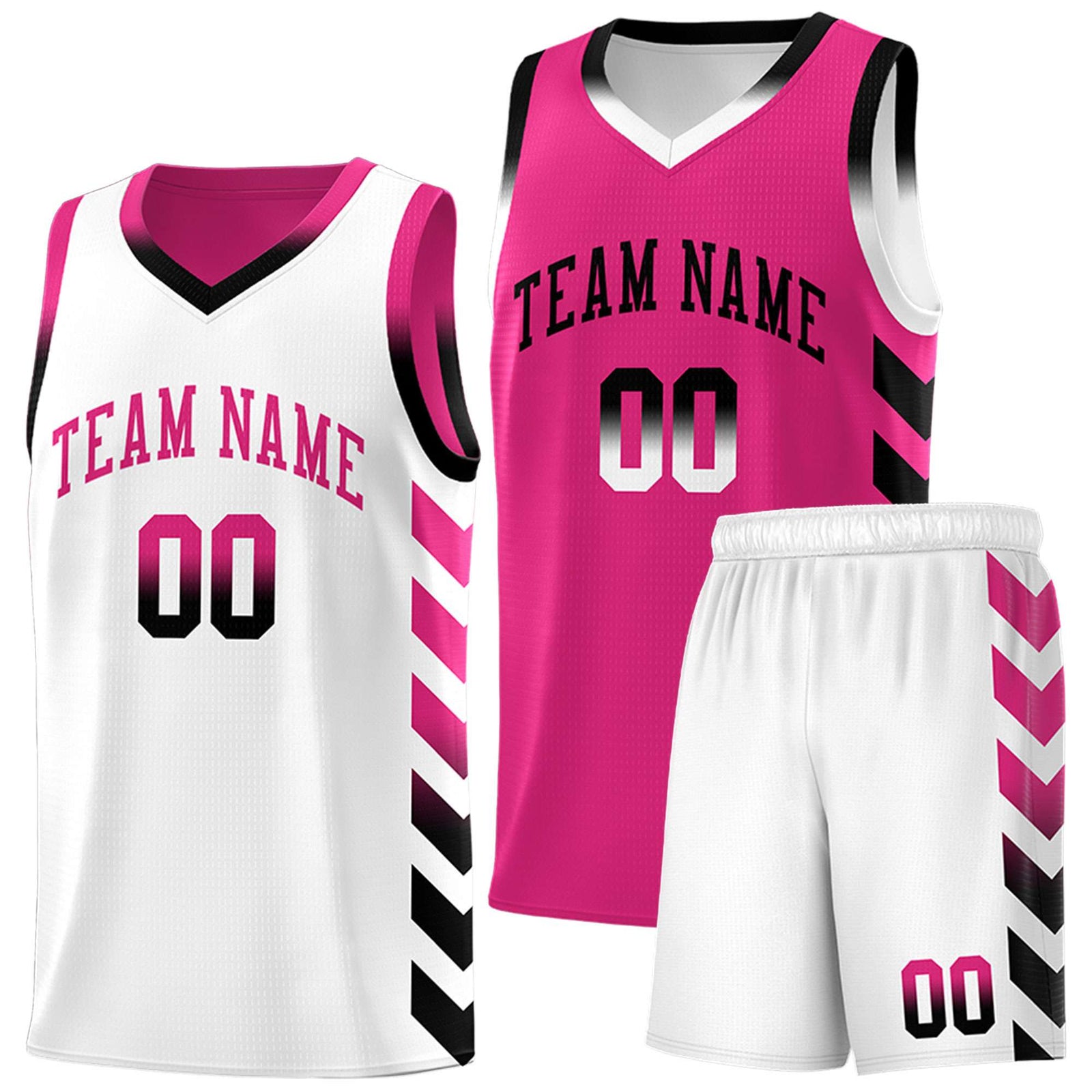 Custom White Pink Reversible Basketball Jersey Kits - Side Arrow Pink Black Gradient