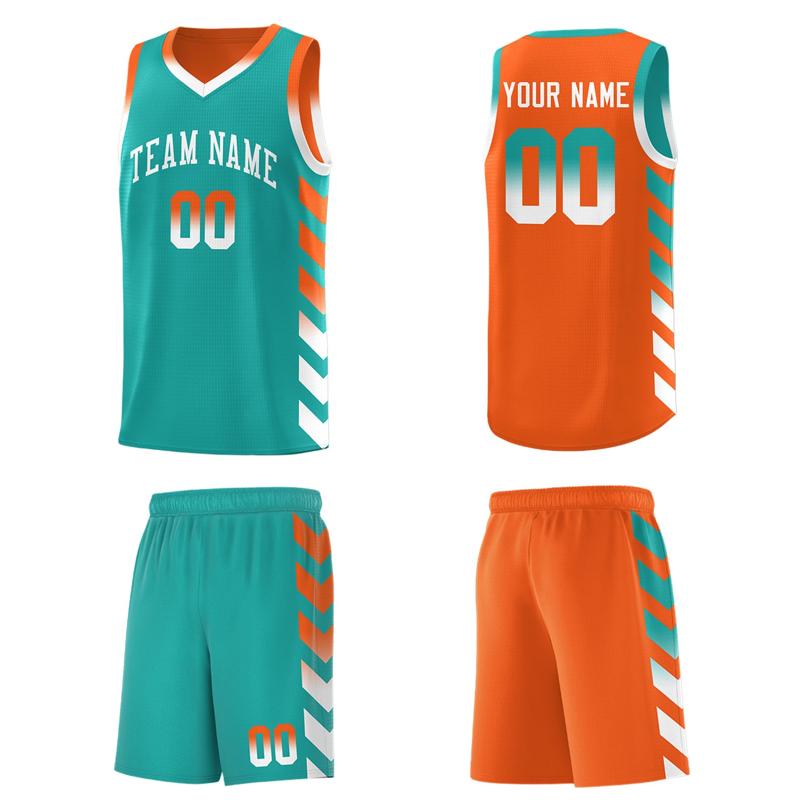Custom Orange Aqua Reversible Basketball Jersey Kits - Side Arrow Aqua White Gradient