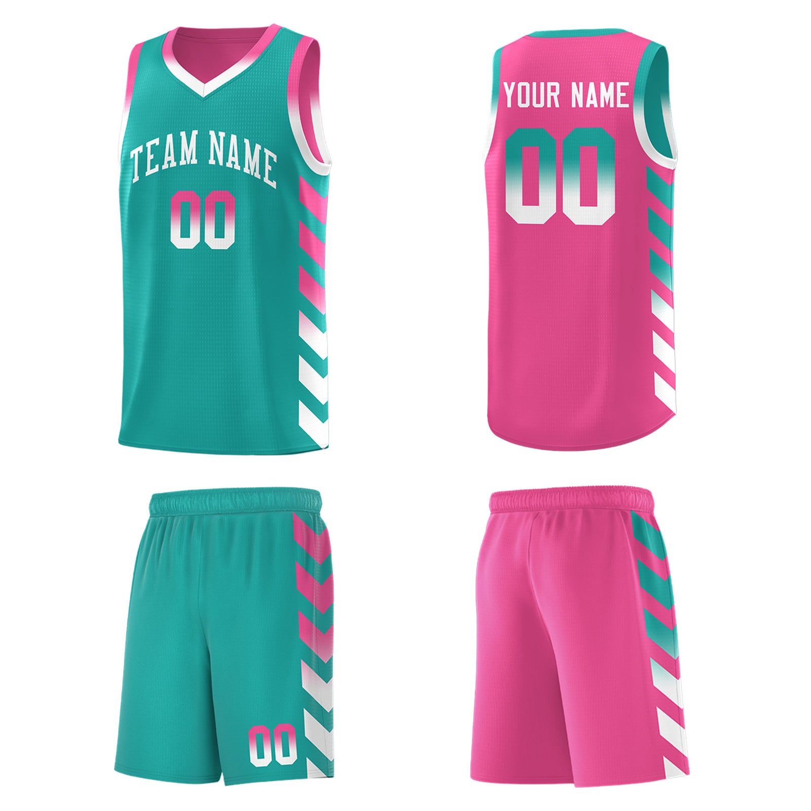 Custom Pink Aqua Reversible Basketball Jersey Kits - Side Arrow Aqua White Gradient