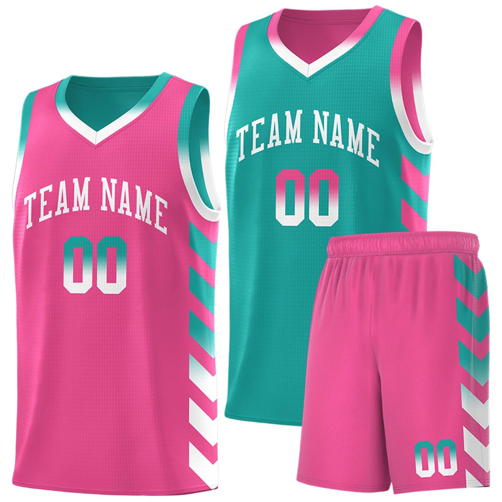 Custom Pink Aqua Reversible Basketball Jersey Kits - Side Arrow Aqua White Gradient
