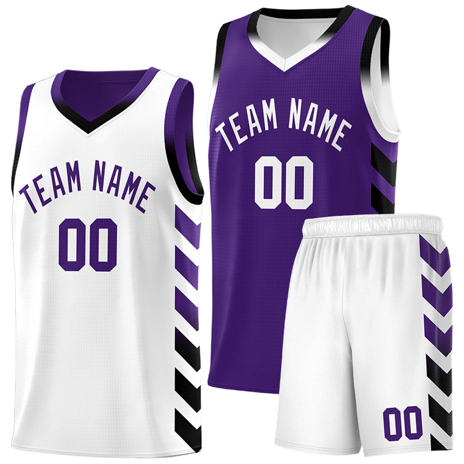 Custom White Purple Reversible Basketball Jersey Kits - Side Arrow Purple Black Gradient