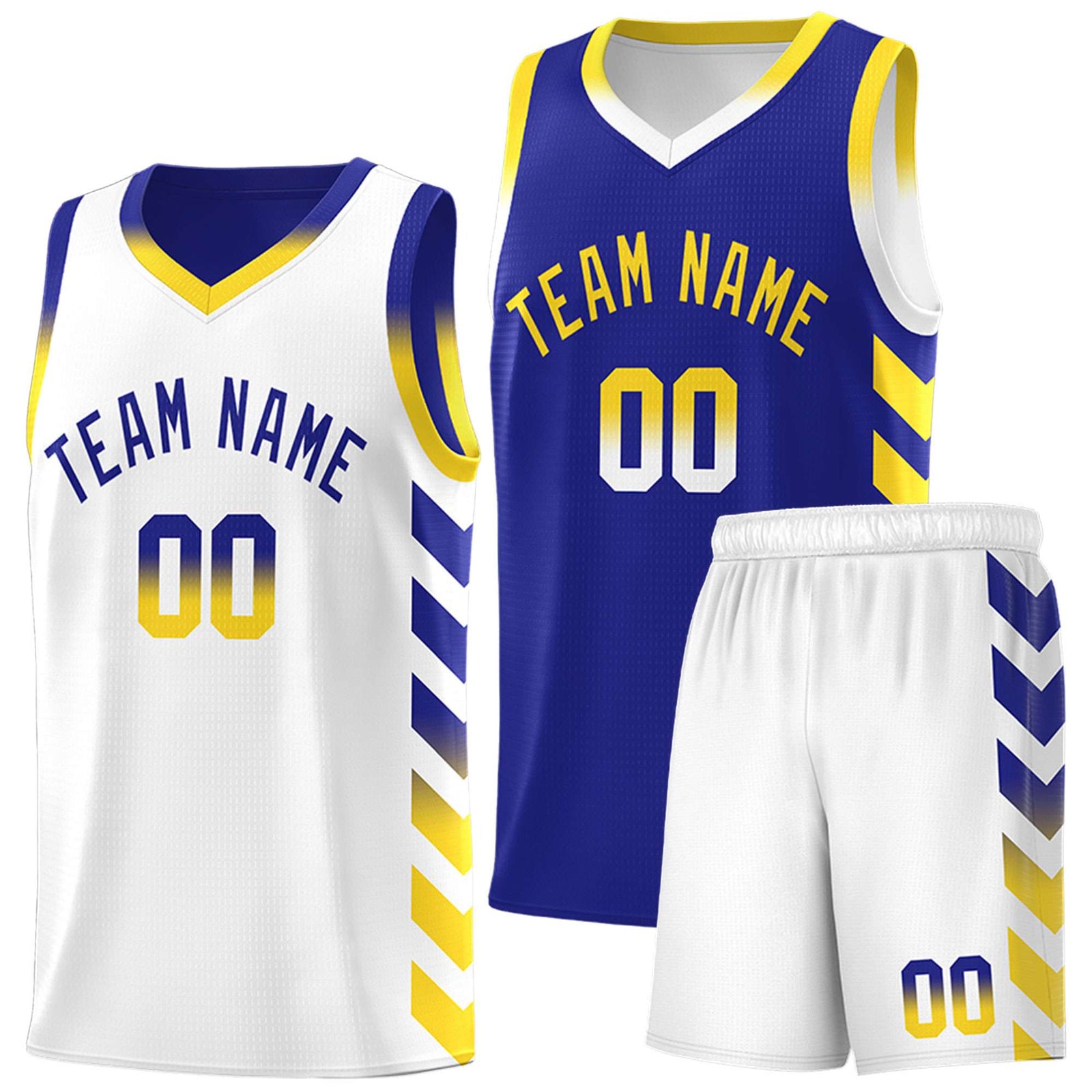 Custom White Royal Reversible Basketball Jersey Kits - Side Arrow Royal Gold Gradient