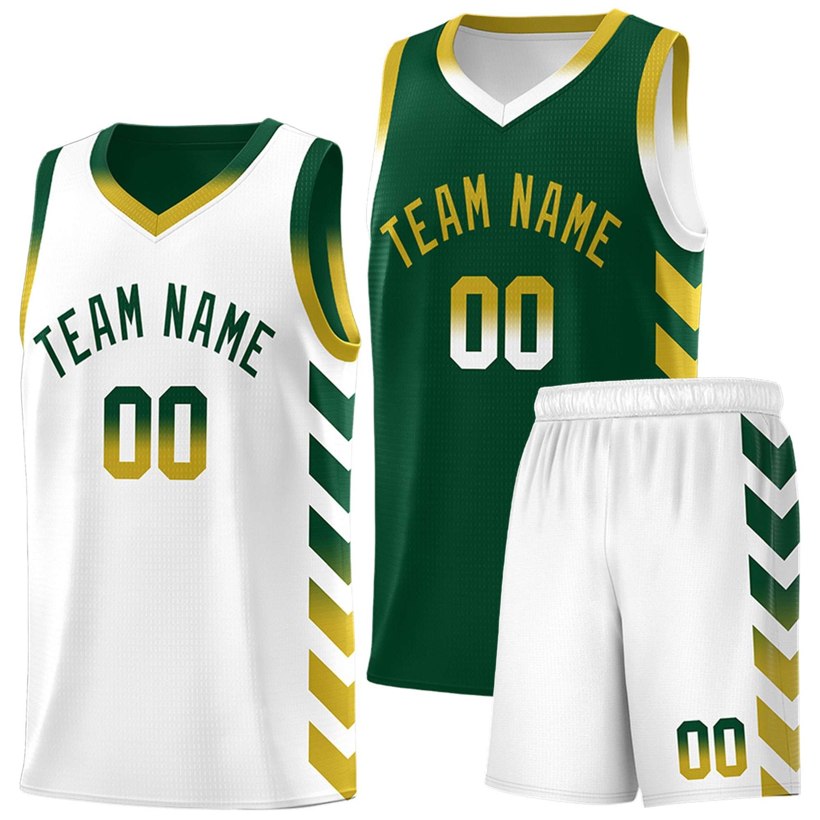 Custom White Green Reversible Basketball Jersey Kits - Side Arrow Green Old Gold Gradient
