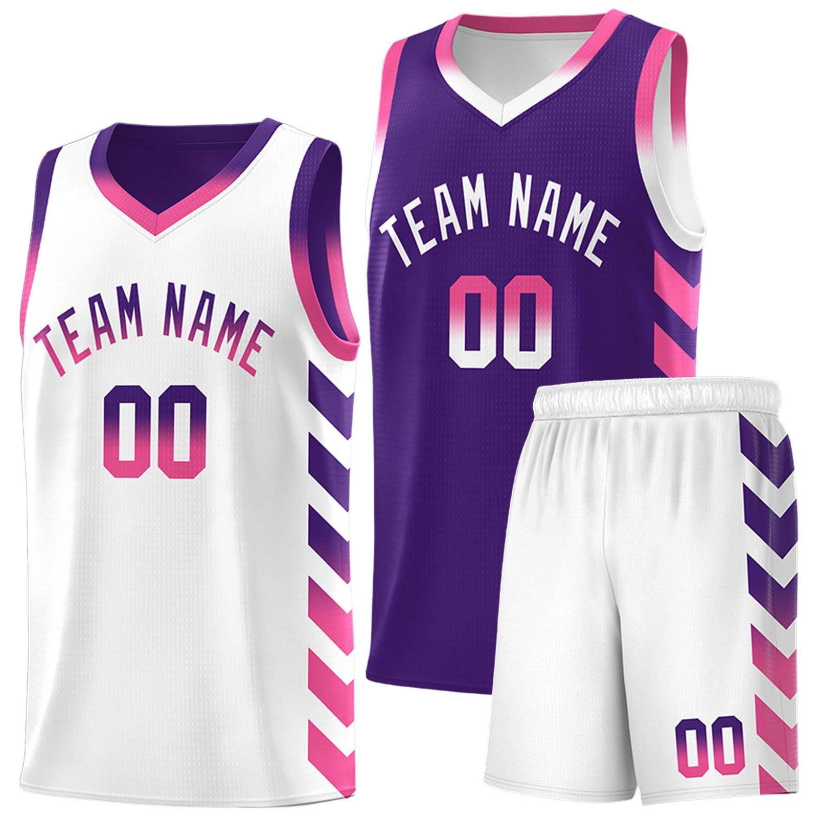 Custom White Purple Reversible Basketball Jersey Kits - Side Arrow Purple Pink Gradient